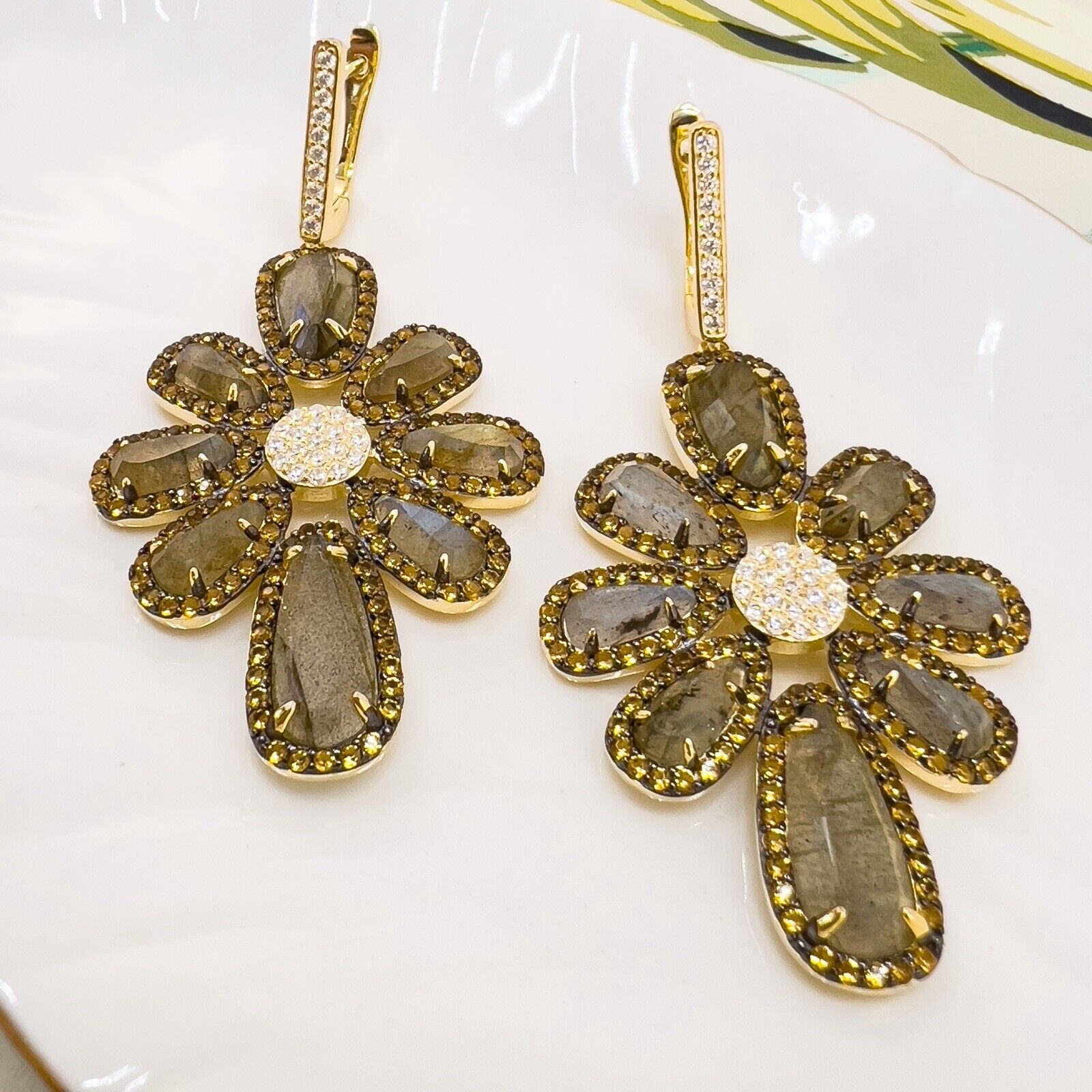 Genuine Labradorite Citrine & Cz Sterling Silver Vermeil Statement Earrings, New