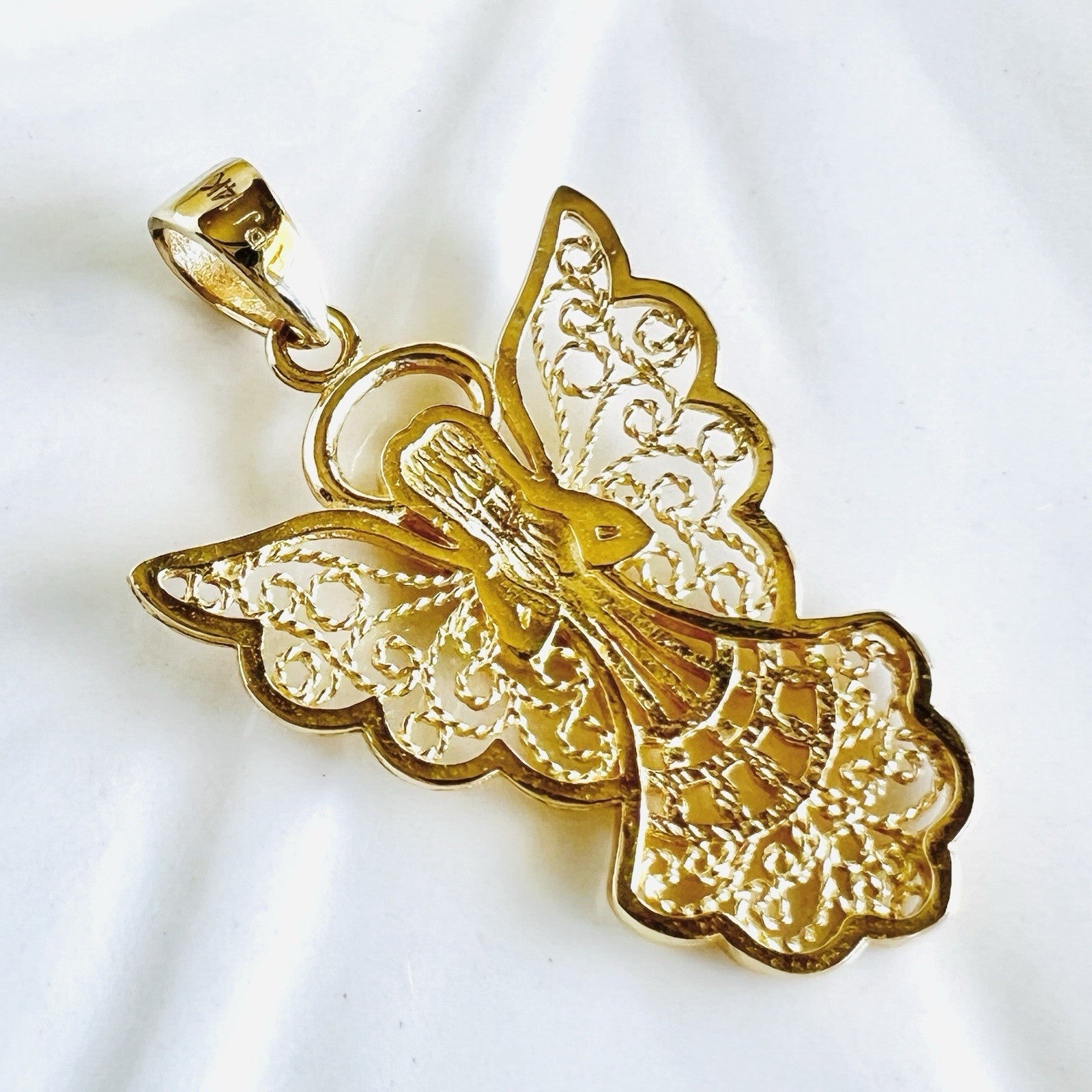 Solid 14k Yellow Gold Filigree Guardian Angel Pendant, New, Lg