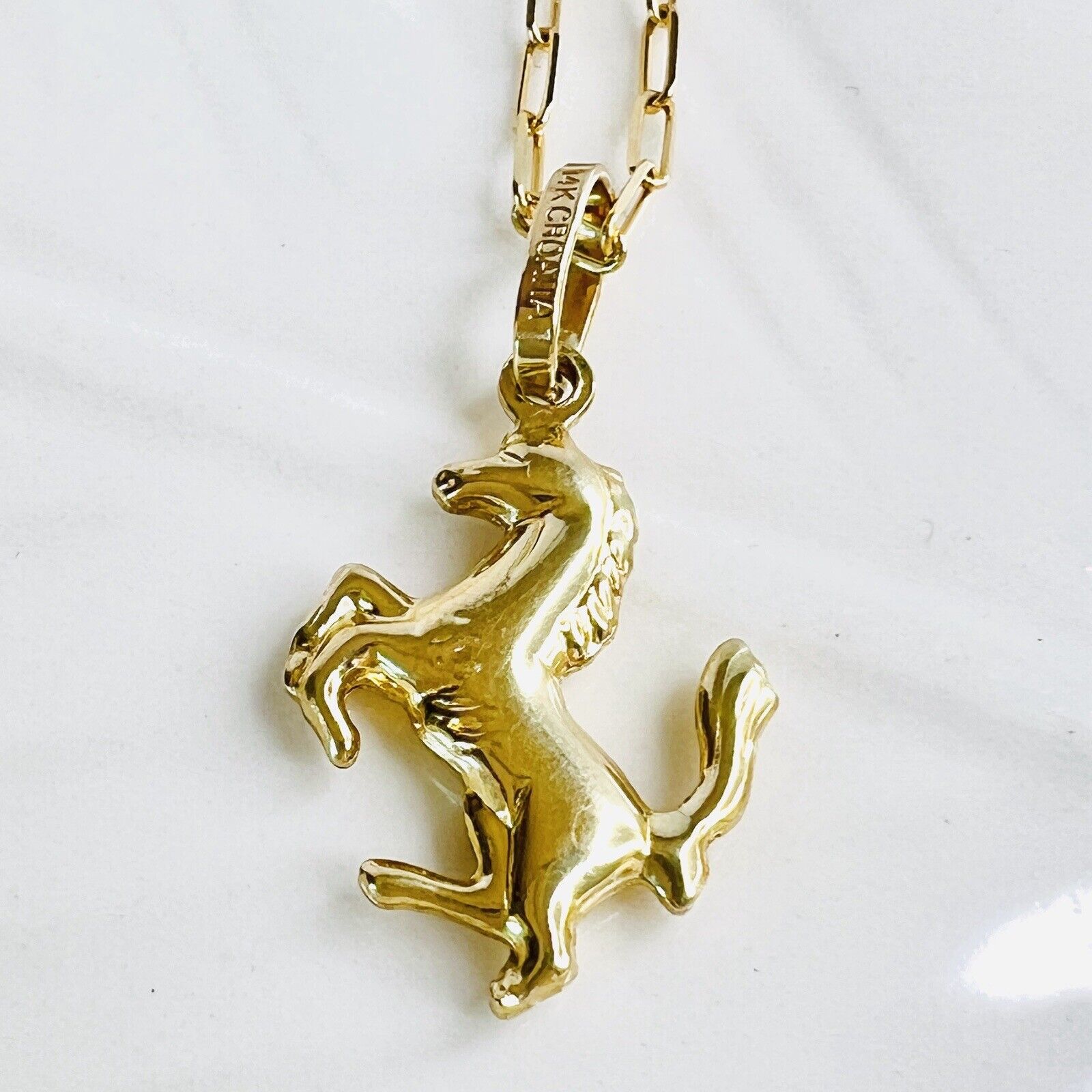 Solid 14k Yellow Gold Puffy 3-D Jumping Horse Charm/Pendant, New
