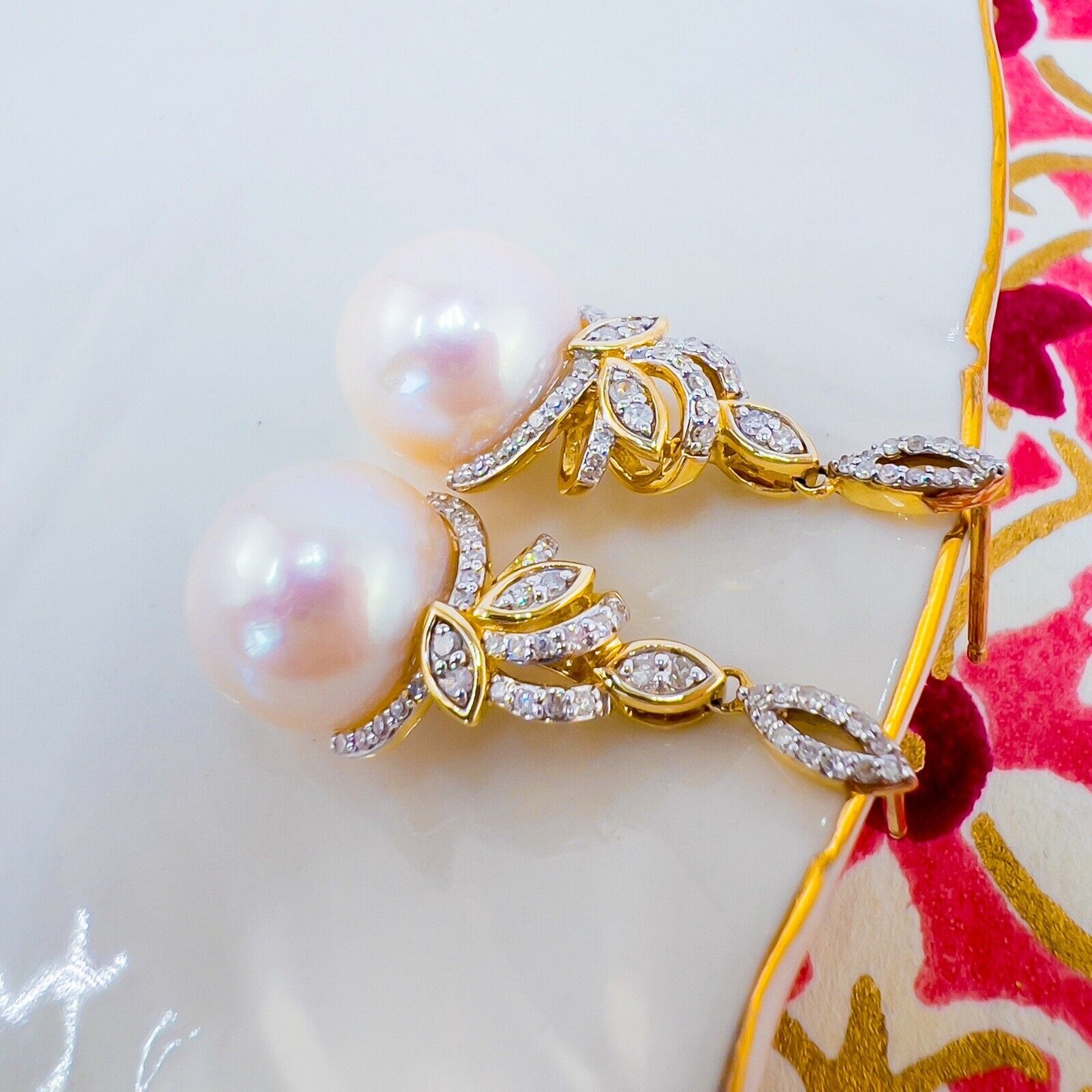 Genuine White Pearl (11.25mm) & Diamond 14k Yellow Gold Dangle Earrings, New