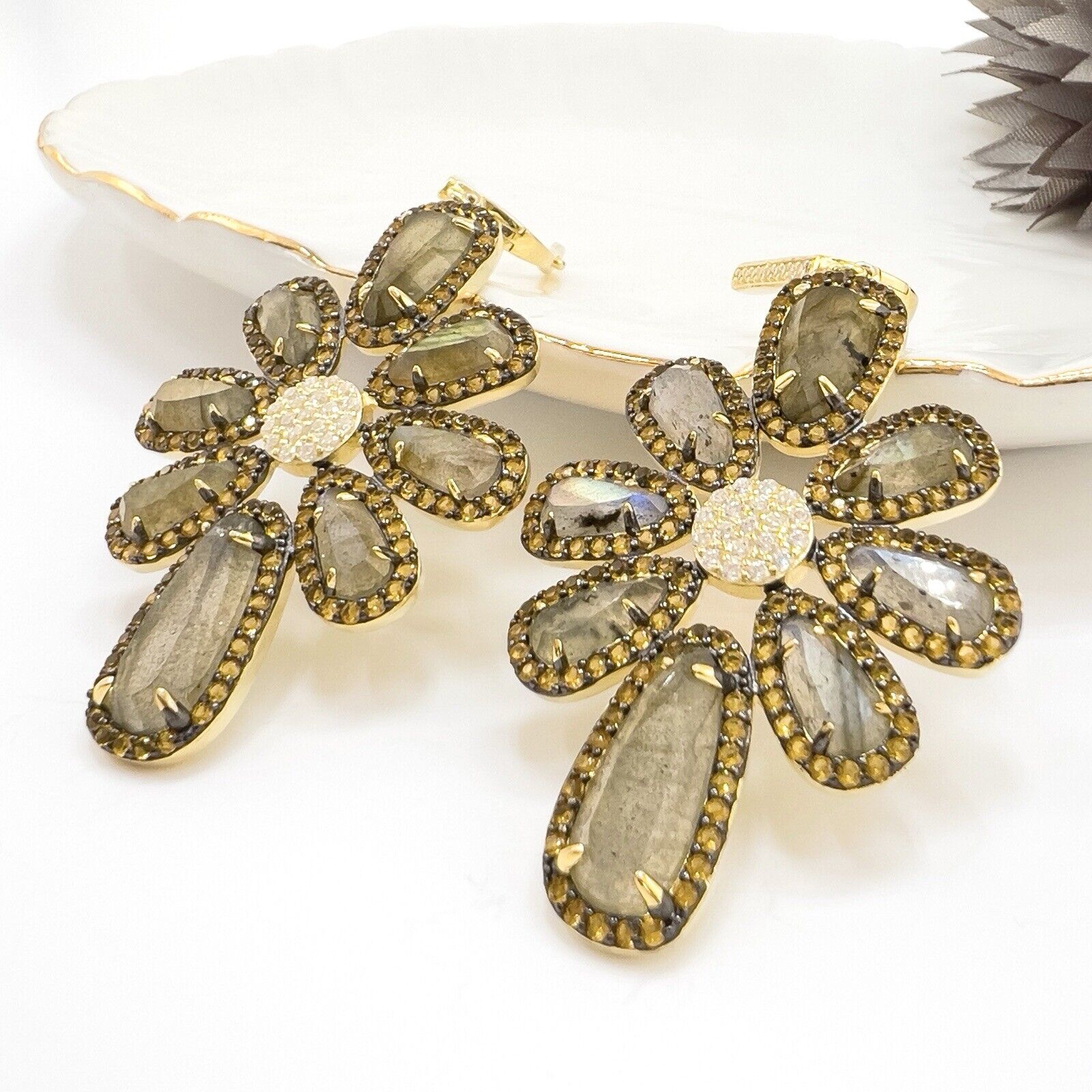 Genuine Labradorite Citrine & Cz Sterling Silver Vermeil Statement Earrings, New