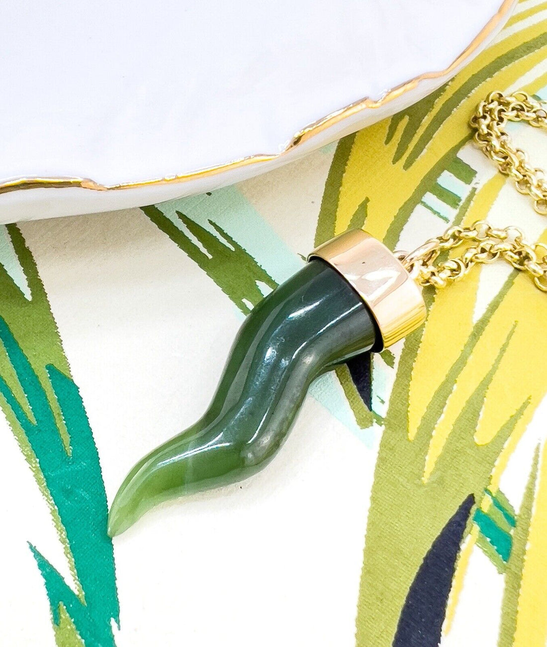 14k Yellow Gold Nephrite Jade Cornicello Horn Pendant, New, 1.68"