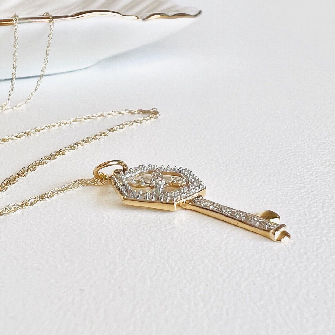Solid 10k Yellow & White Gold & Diamond Hexagonal Skeleton Key Pendant Necklace,