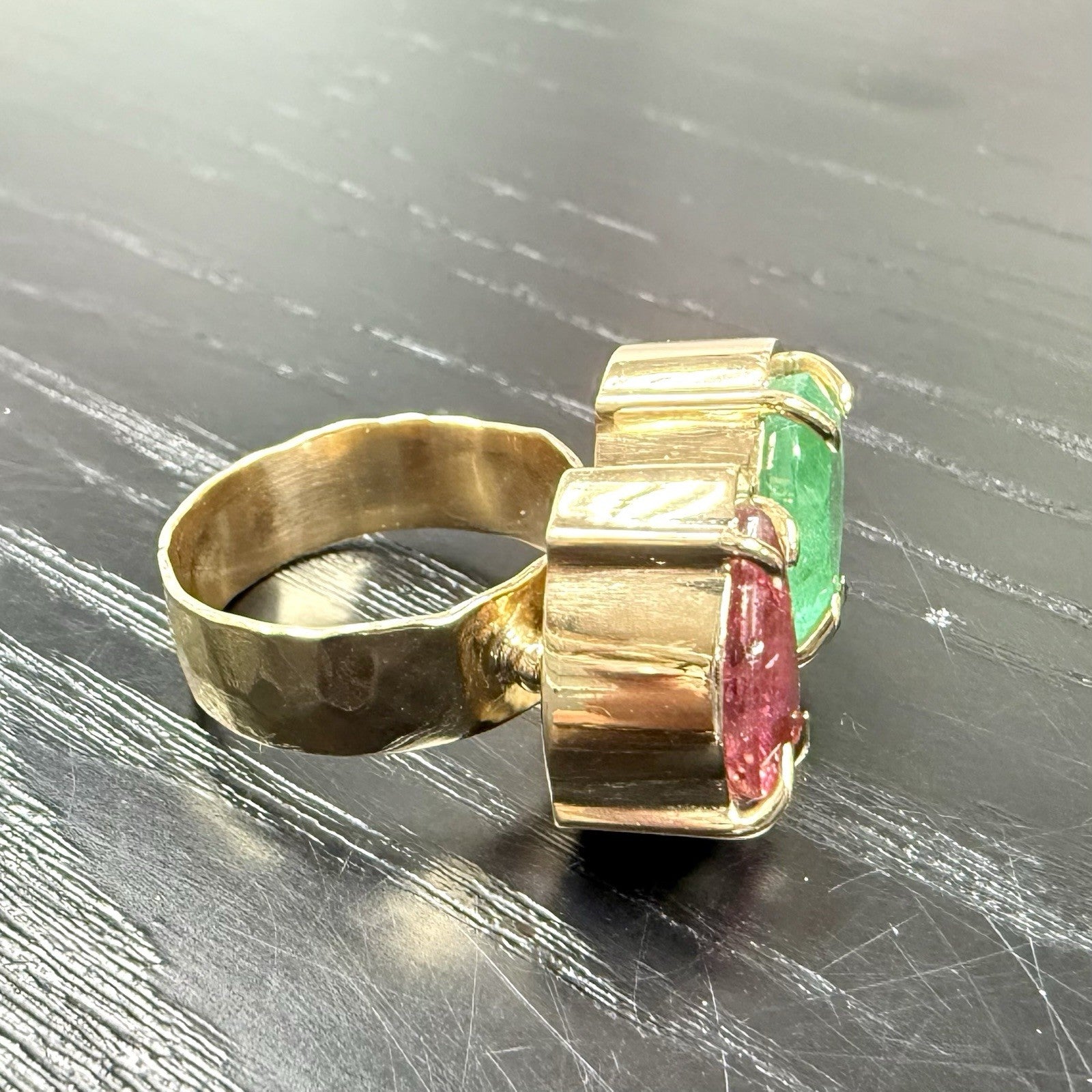 14k Yellow Gold Genuine Emerald & Pink Tourmaline Modernist Ring, New Size 6.5