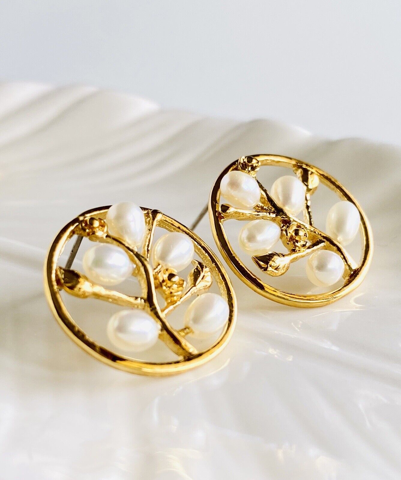 Heavy Gold Plated & Genuine Pearl Stud Earrings, New Vintage Stock