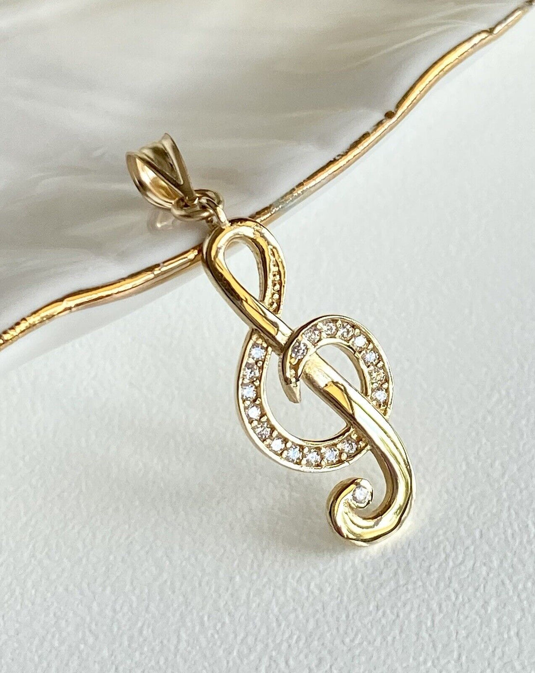 Solid 14K Yellow Gold & Cubic Zirconia "G" Clef Musical Symbol Pendant, New 1.3"