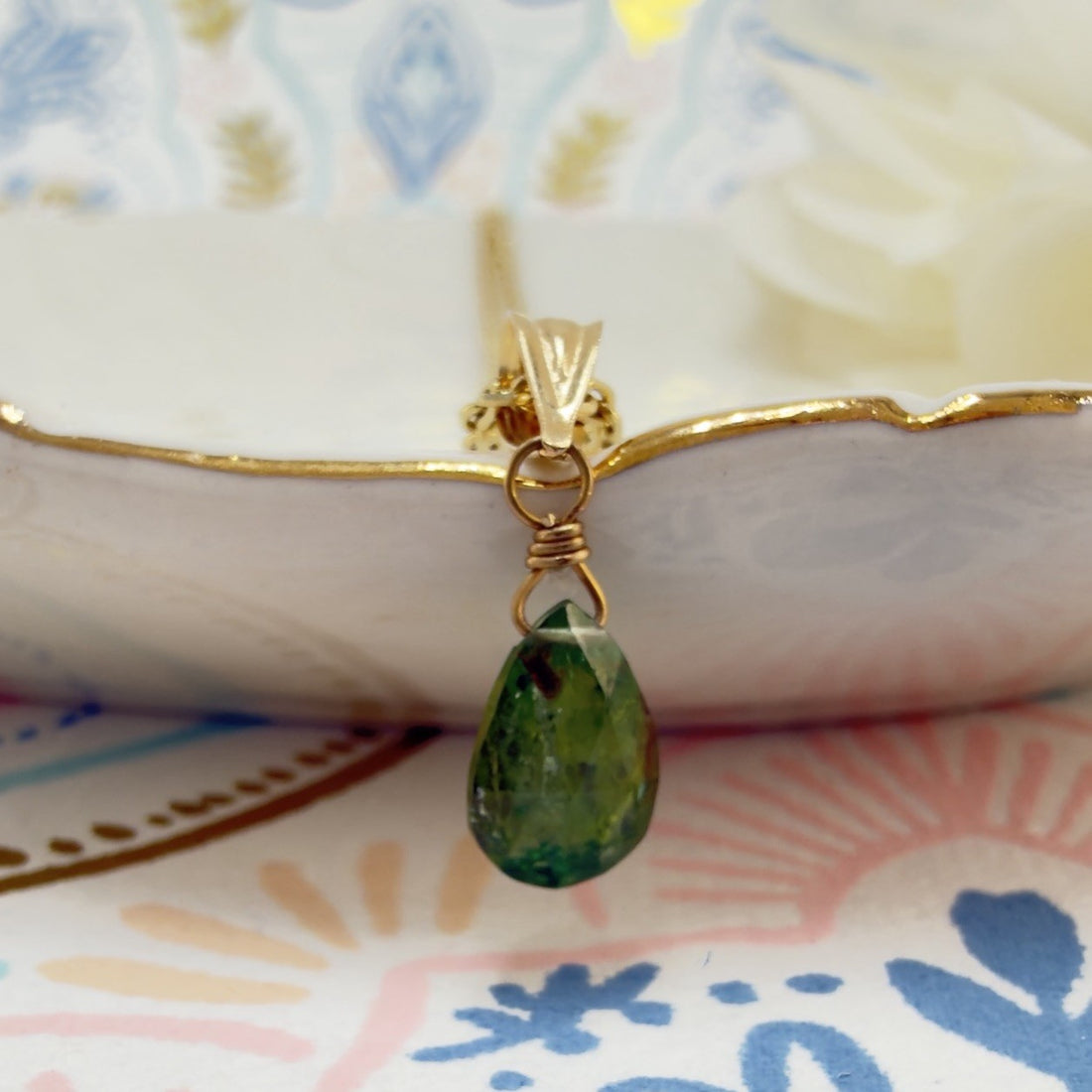 14k Yellow Gold Genuine Green Tourmaline Drop Pendant, 0.75" New