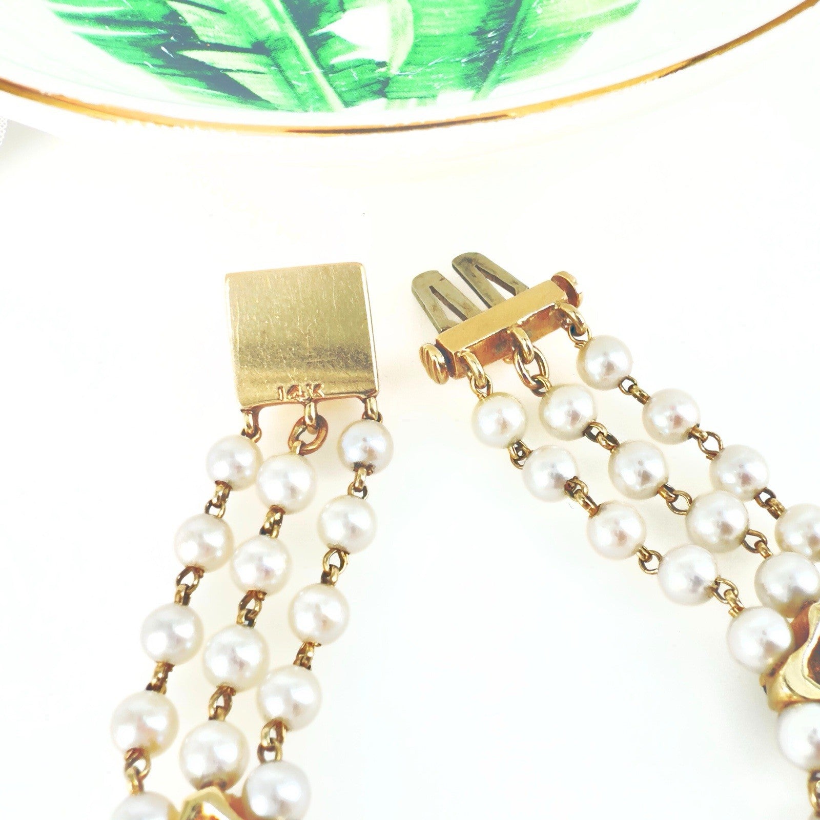 14k Gold Vintage Akoya Pearl 3-Row Bracelet & Garnet Slide Bracelet Charms