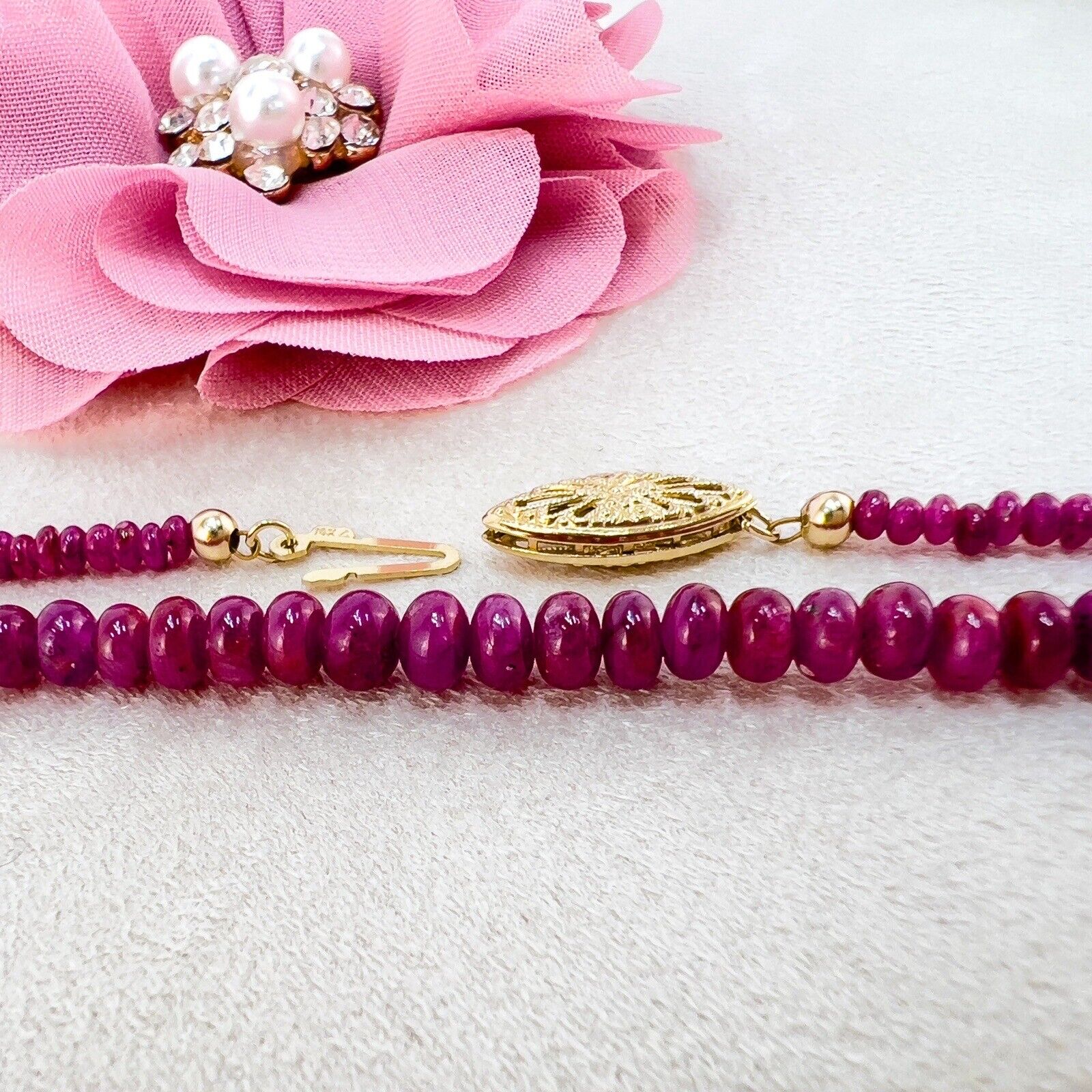 Natural Ruby Smooth Rondelle 14K Yellow Gold Necklace, New 43"