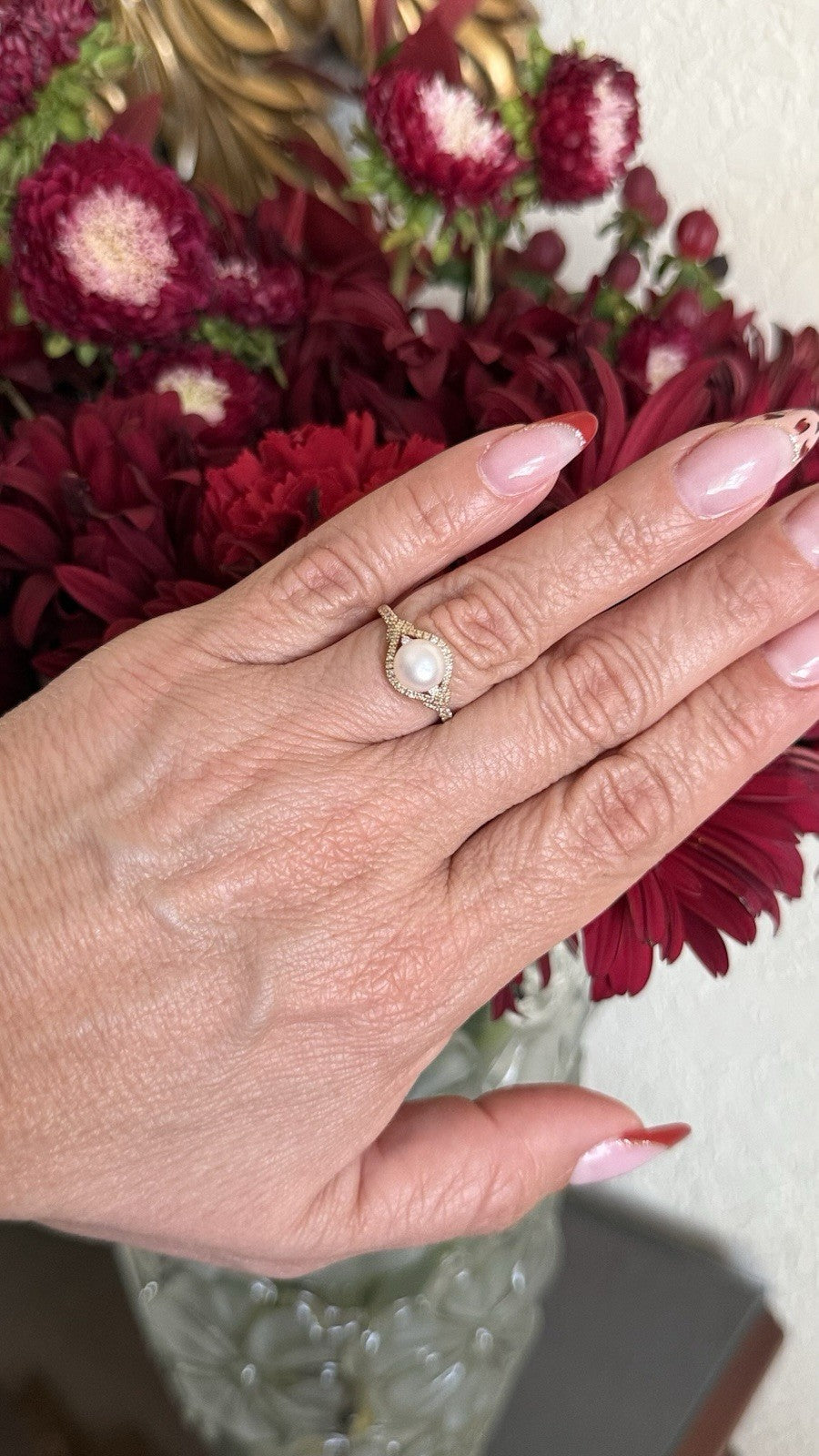 14k Yellow Gold Genuine Cultured Pearl & Diamond Halo Ring, Sz 7, New