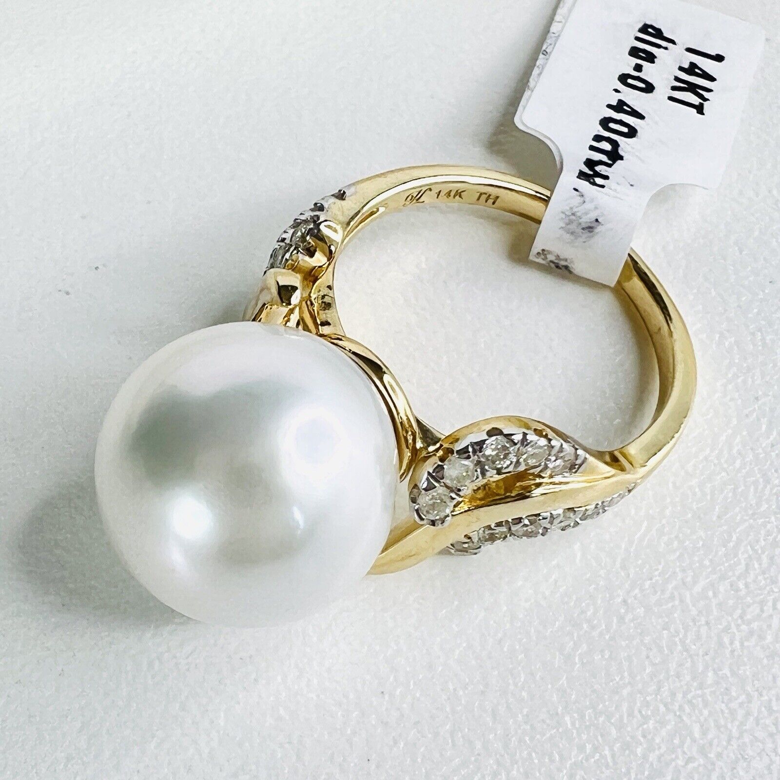 Solid 14k Yellow Gold Genuine 13.3mm Pearl & Diamond Ring, Size 7 New
