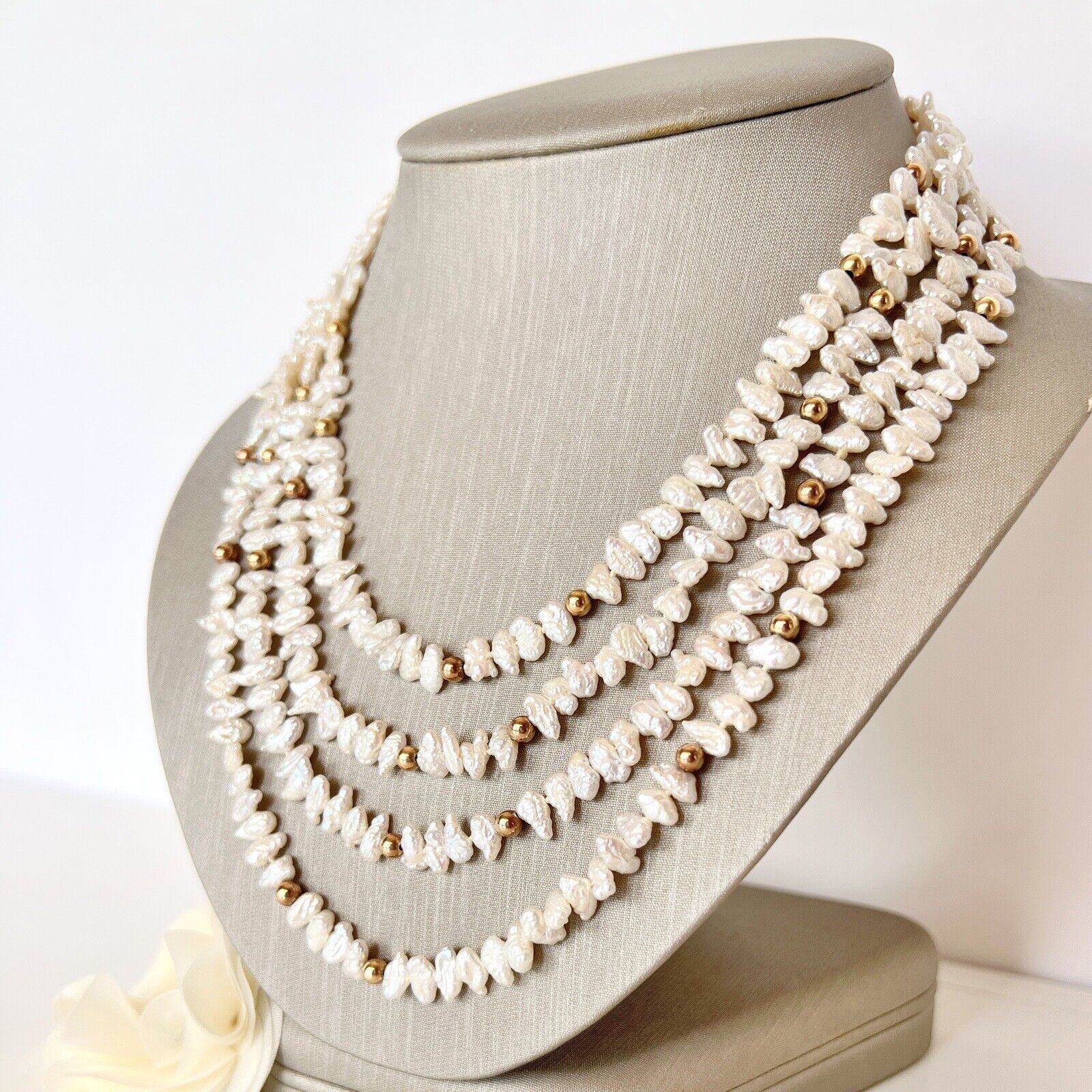 Vintage Unique 72” Freshwater Pearls & Solid 14k Yellow Gold Beaded Endless Neck