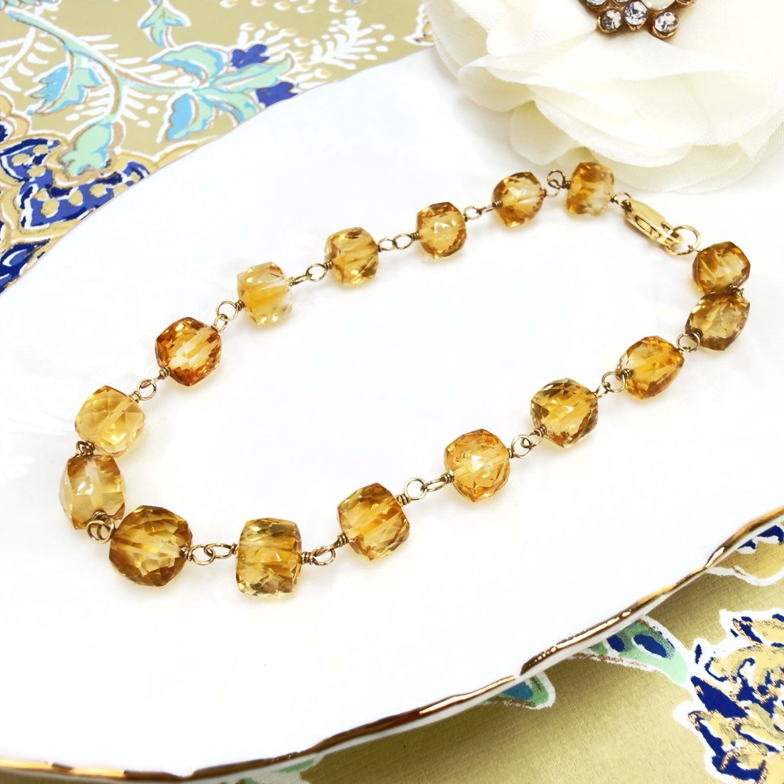 14k Yellow Gold Genuine Citrine Cube Handcrafted Bracelet, 8.25"
