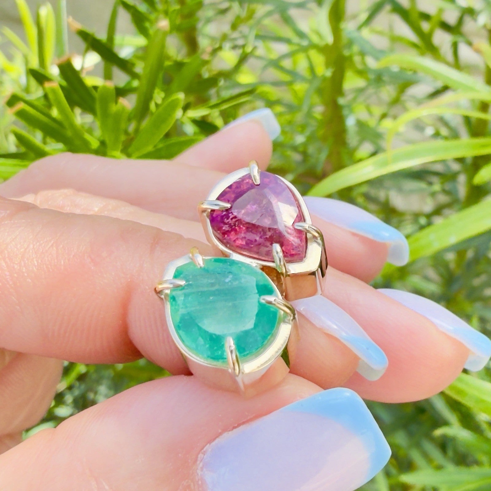 14k Yellow Gold Genuine Emerald & Pink Tourmaline Modernist Ring, New Size 6.5