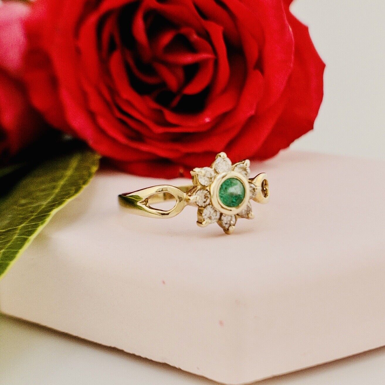 Solid 14k Yellow Gold Genuine Colombian Emerald & Diamond Rosette Ring, New Size