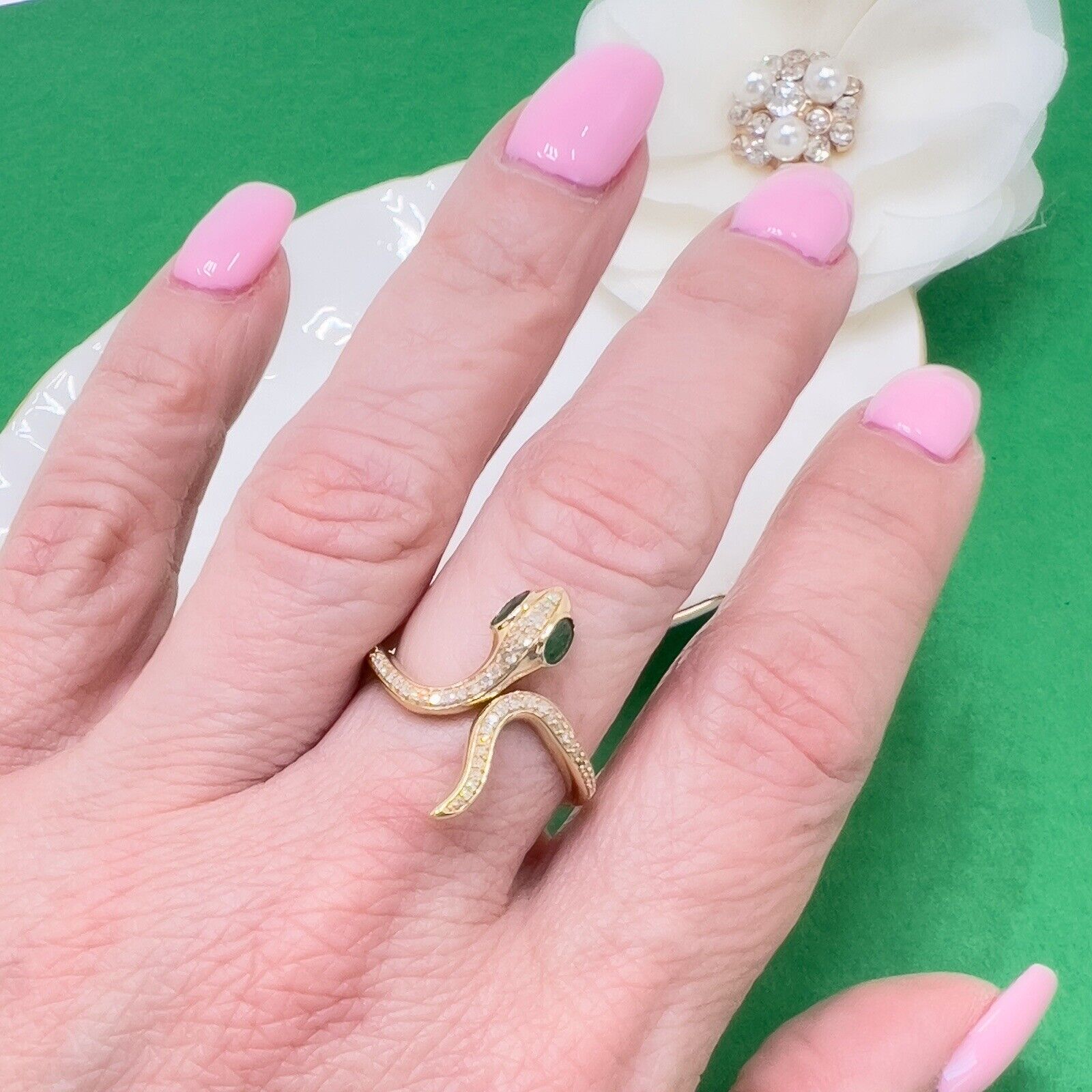🐍Genuine Emerald & Diamond 14k Yellow Gold Snake Ring, New, Size7.5