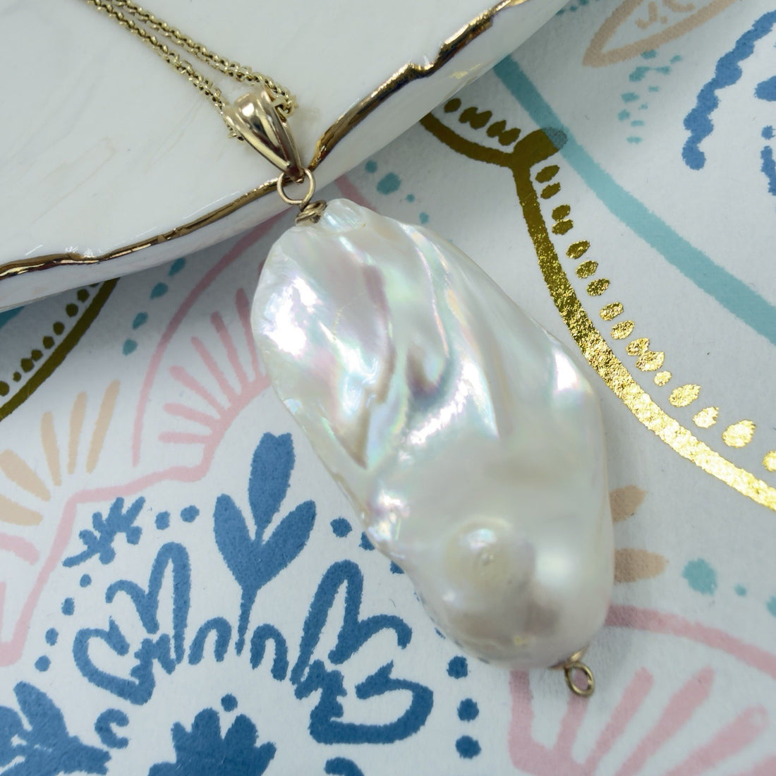 14k Yellow Gold Genuine Baroque Pearl Pendant, New 1.5"