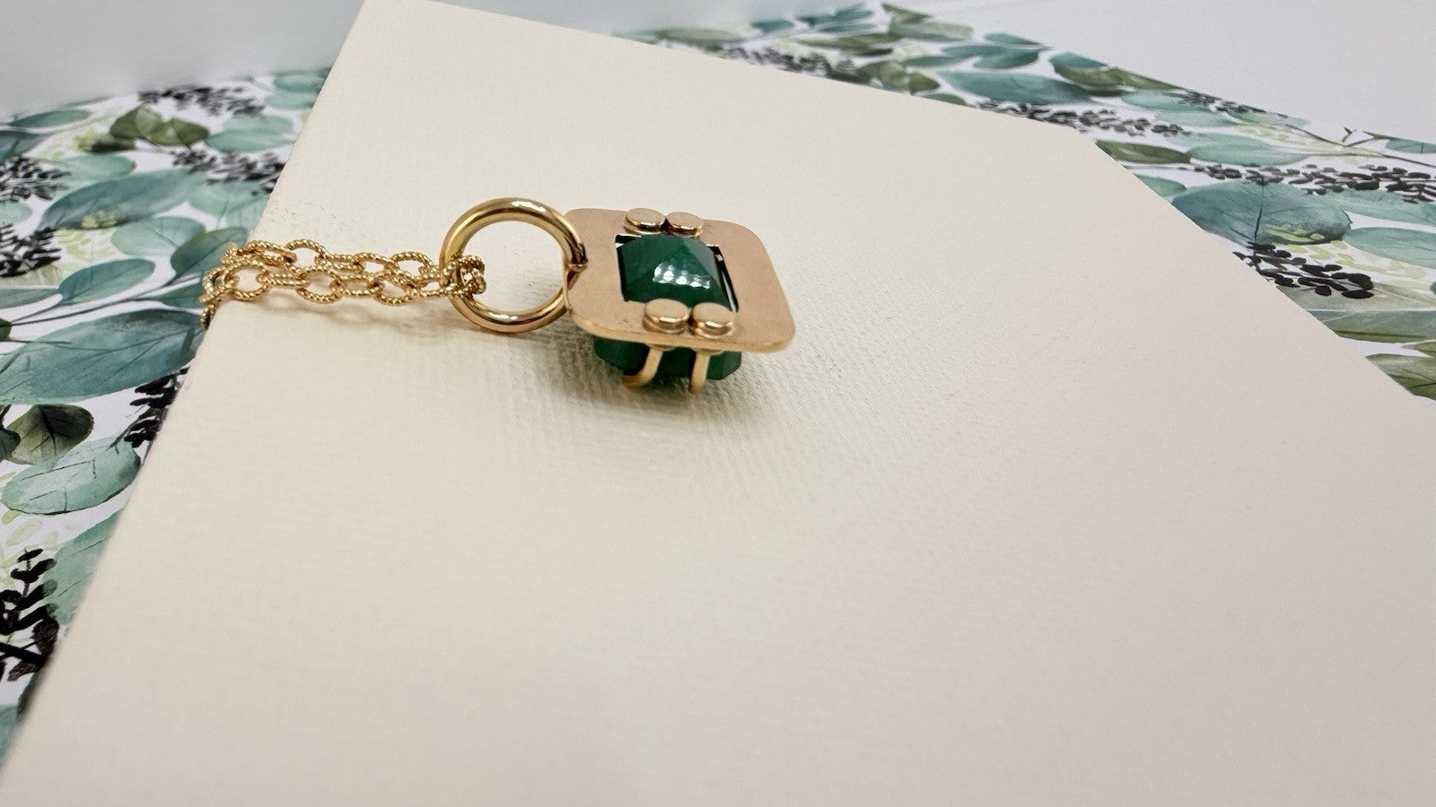 14k Yellow Gold Genuine Emerald Modernist Unisex Pendant, Newly Handcrafted 7ct