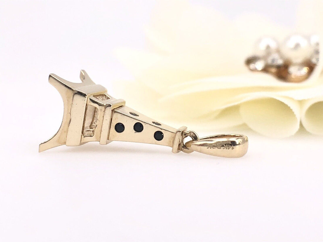 Solid 14K Yellow Gold Eiffel Tower W/ Cubic Zirconia 3-D Pendant/Charm, New