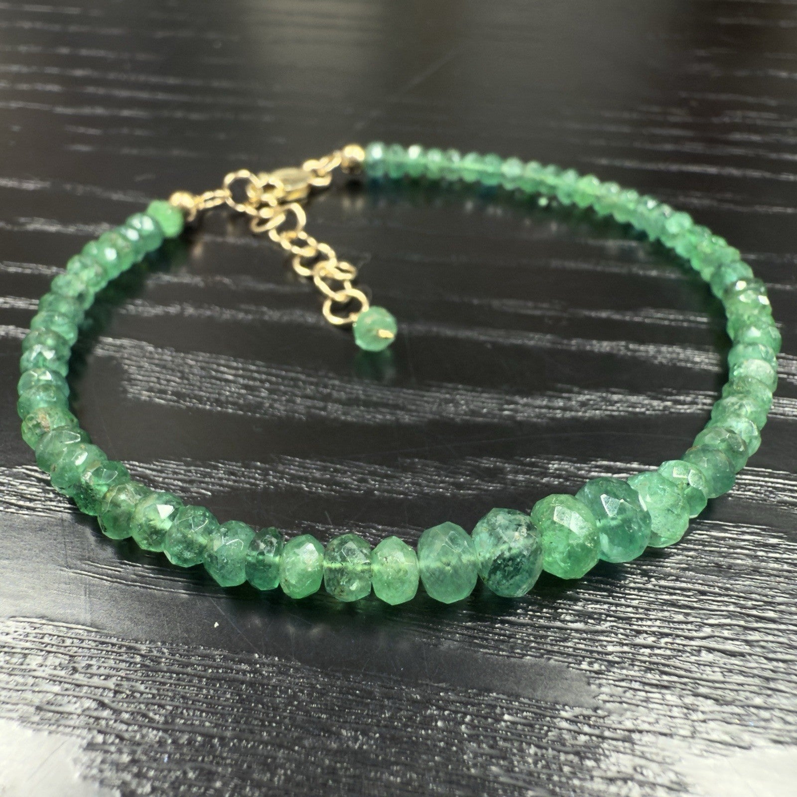 14k Yellow Gold Natural Emerald Bracelet, Adjustable 6.75-7.75", New