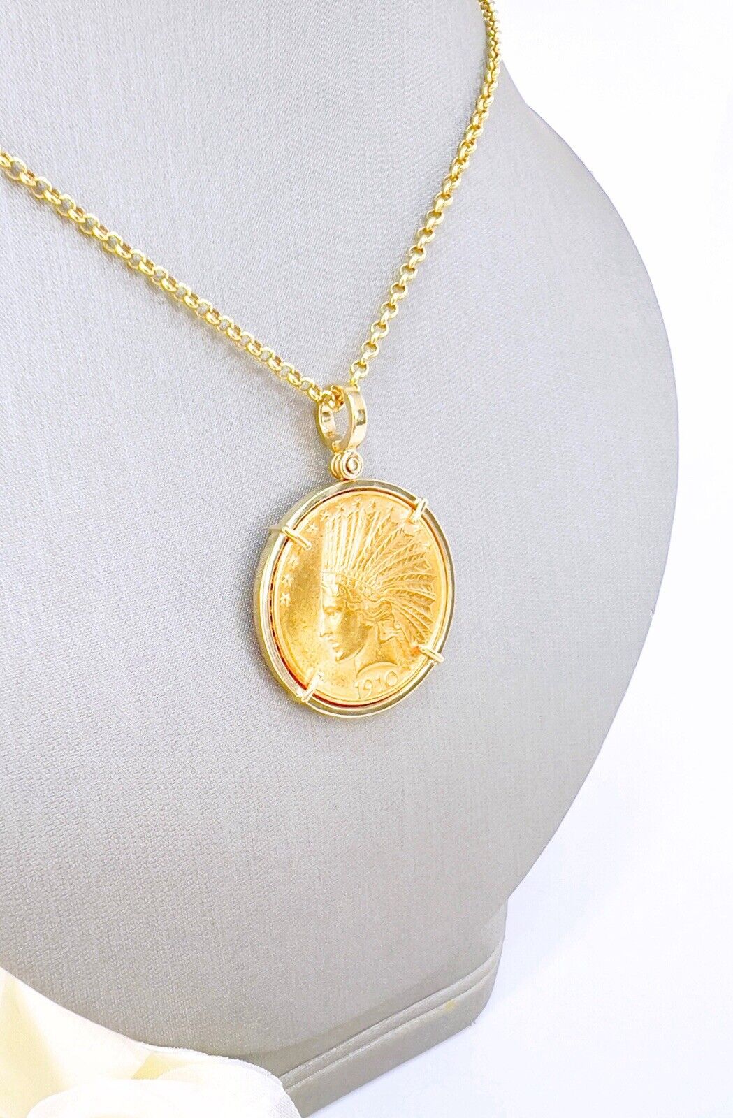Genuine 1910 US Indian Head 10 Dollar Eagle Gold Coin With 14k Pendant Frame