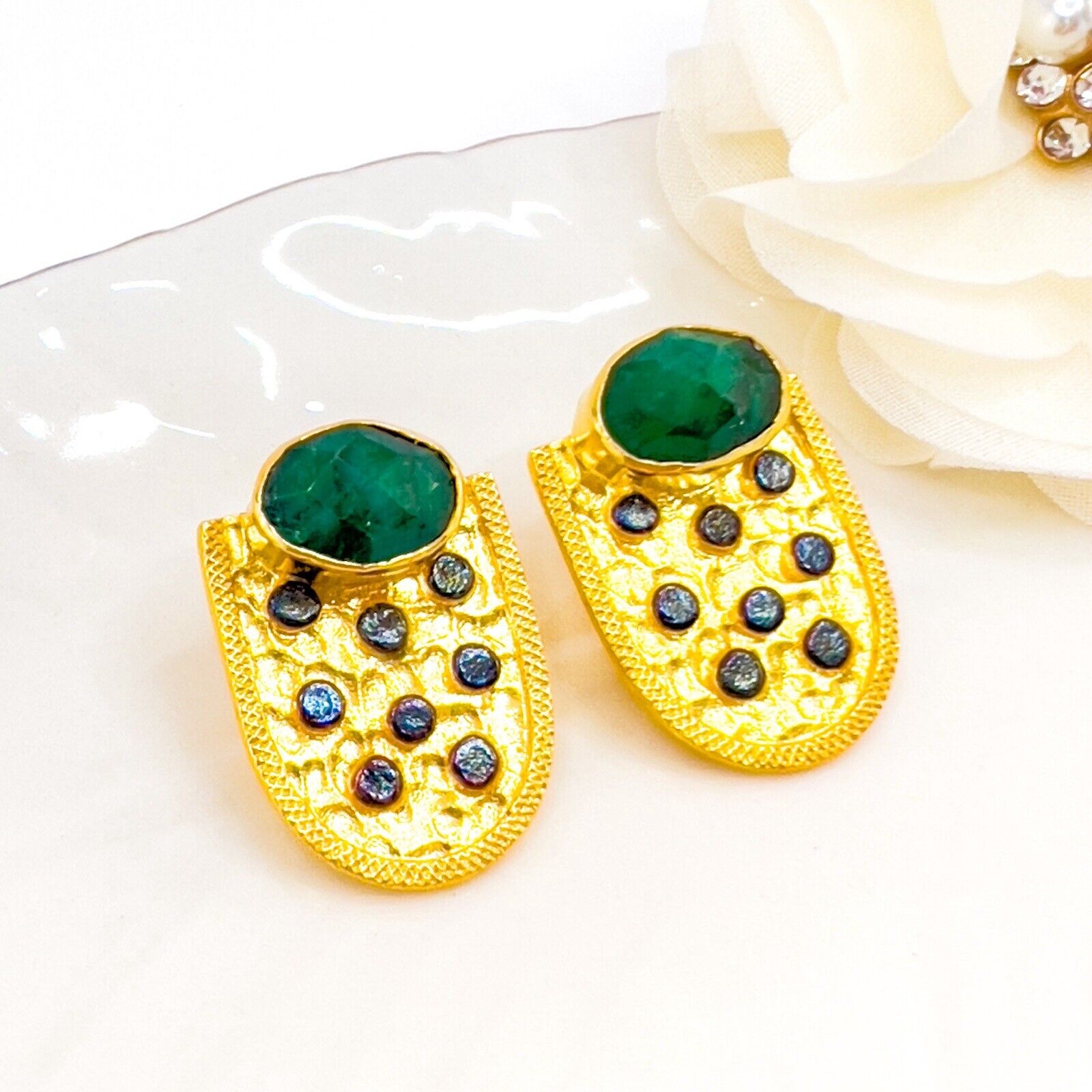 Genuine Emerald 22k Gold Over Sterling Silver Dangle Earrings, New