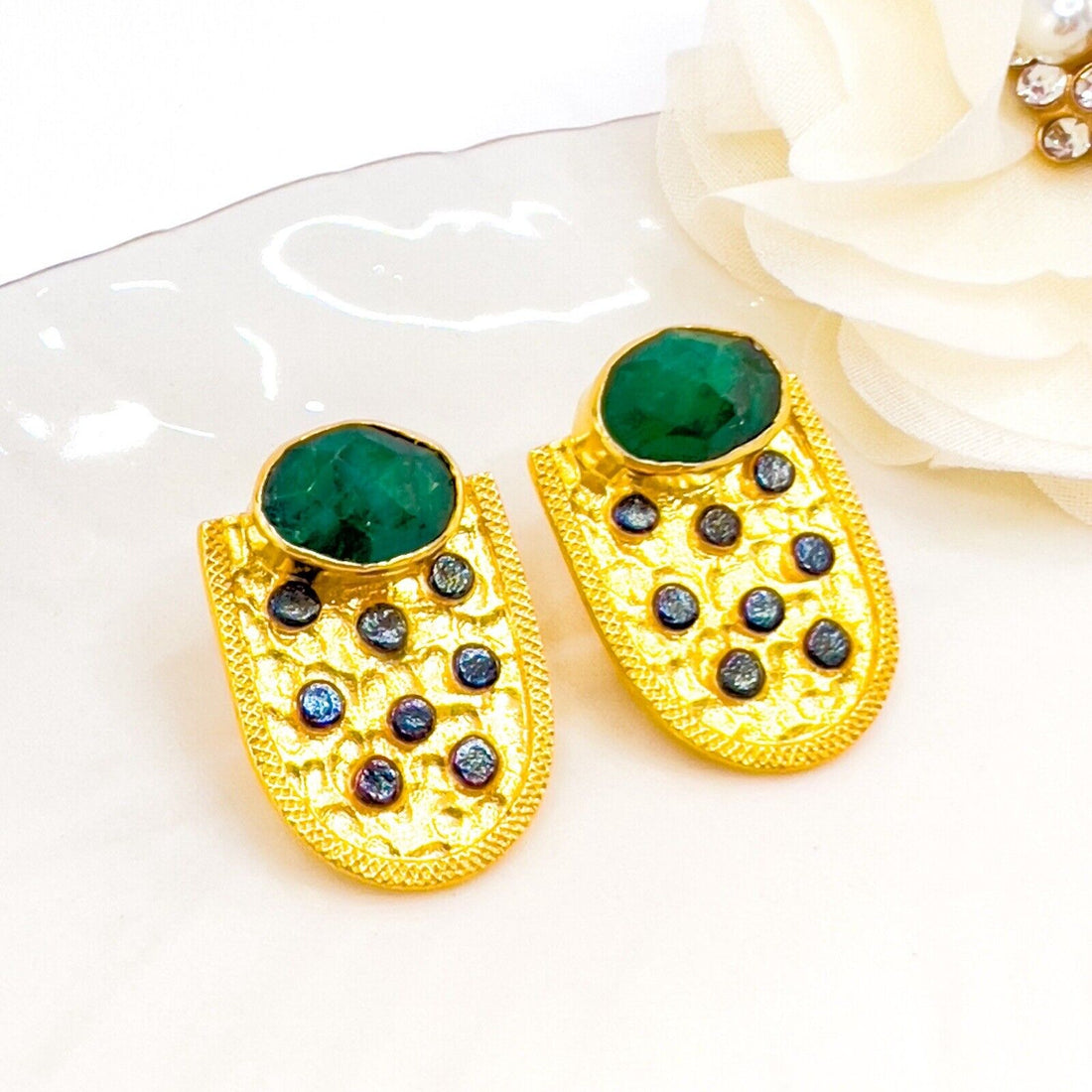 Genuine Emerald 22k Gold Over Sterling Silver Dangle Earrings, New