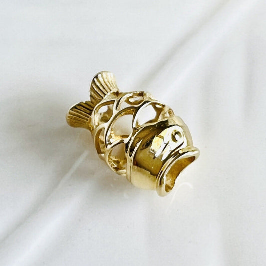 Solid 14k Yellow Gold Puffy 3D Fish Slide Charm for Bracelet, New
