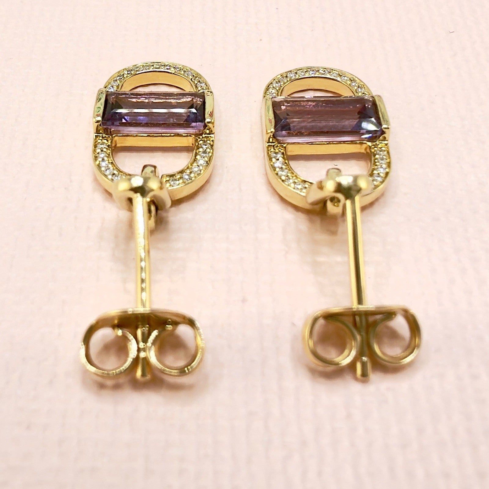 14k Yelow Gold Genuine Amethyst & Diamond Monernist Dangle Earrings, New