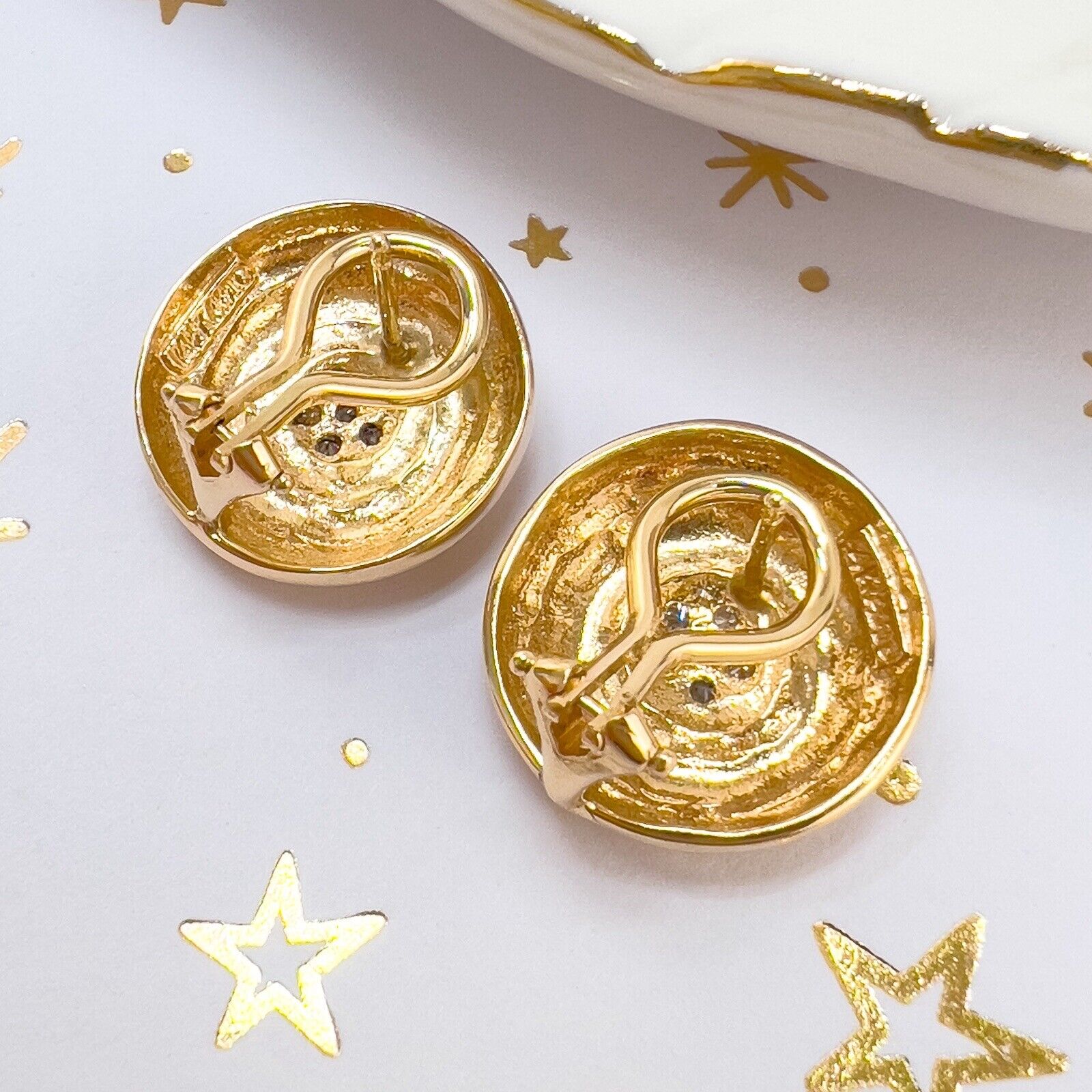 14k Yellow Gold Diamond Swirl "Button" Post & Omega Clip Earrings