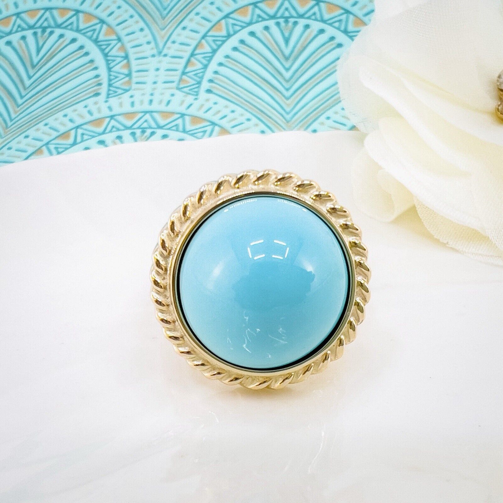 14k Yellow Gold Persian Turquoise (15mm) Handcrafted Ring, New, Size 6.75