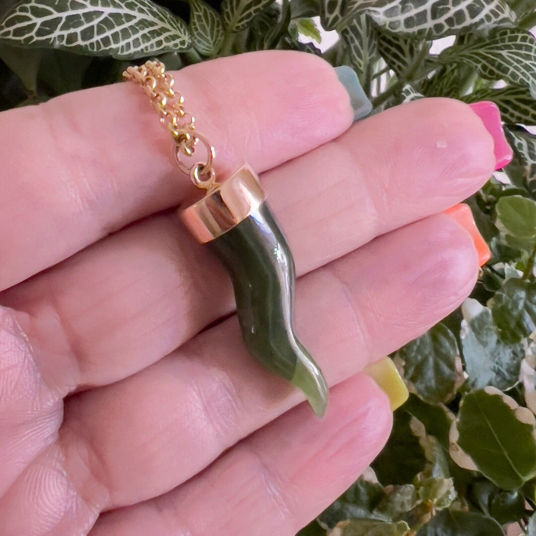 14k Yellow Gold Nephrite Jade Cornicello Horn Pendant, New, 1.68"