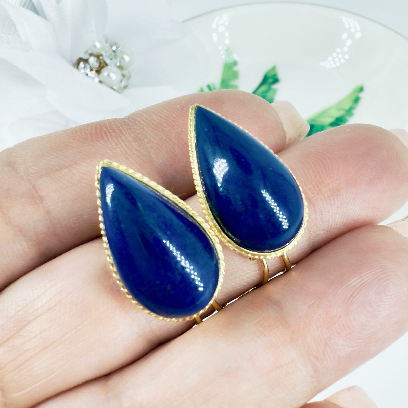 14k Yellow Gold Dark Blue Lapis Lazuli Omega Back Earrings, Preowned