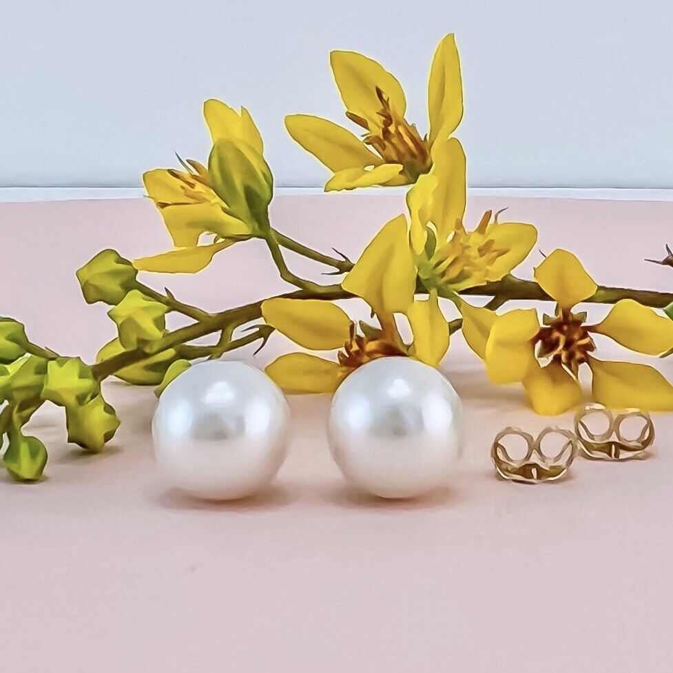 Solid 14k Yellow Gold Genuine 10.1mm Pearl Studs w/ Premium Backs, New