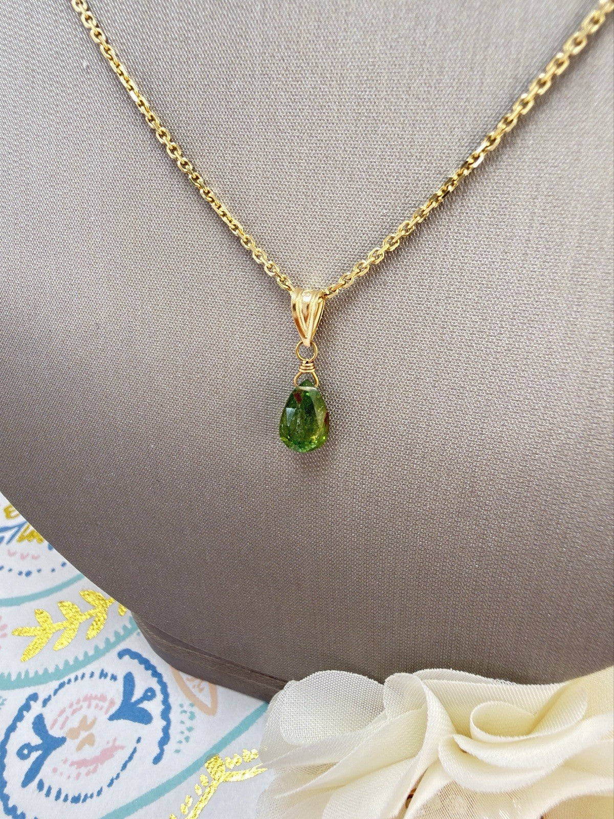 14k Yellow Gold Genuine Green Tourmaline Drop Pendant, 0.75" New