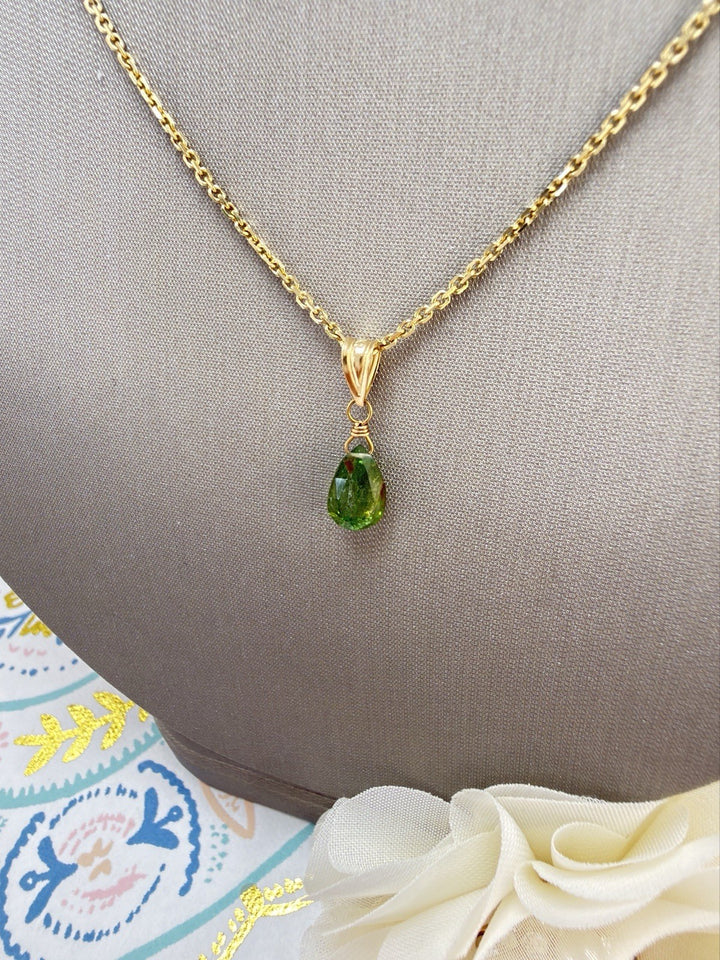 14k Yellow Gold Genuine Green Tourmaline Drop Pendant, 0.75" New