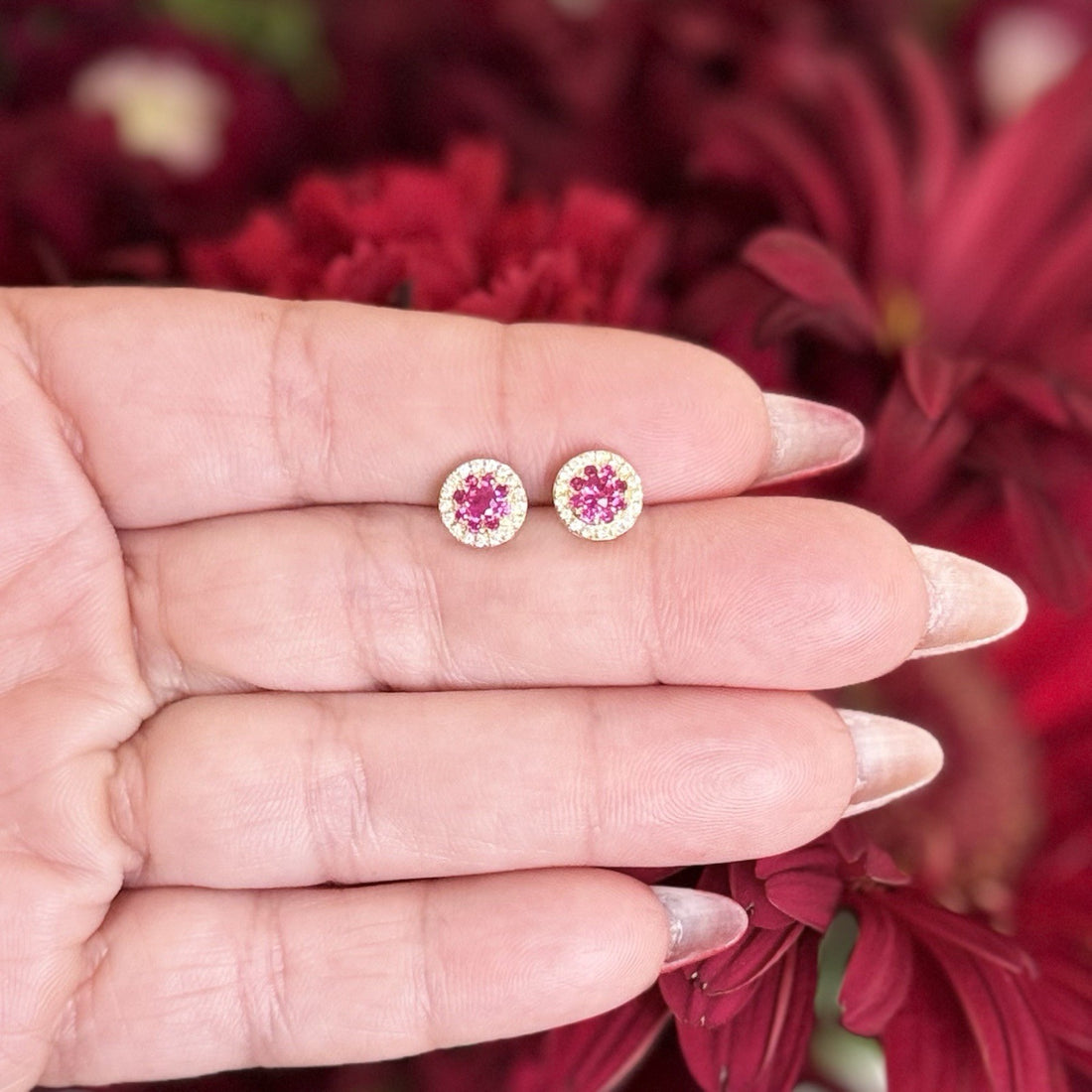 14k Yellow Gold Genuine Ruby & Diamond Halo Stud Screw-Back Earrings, New