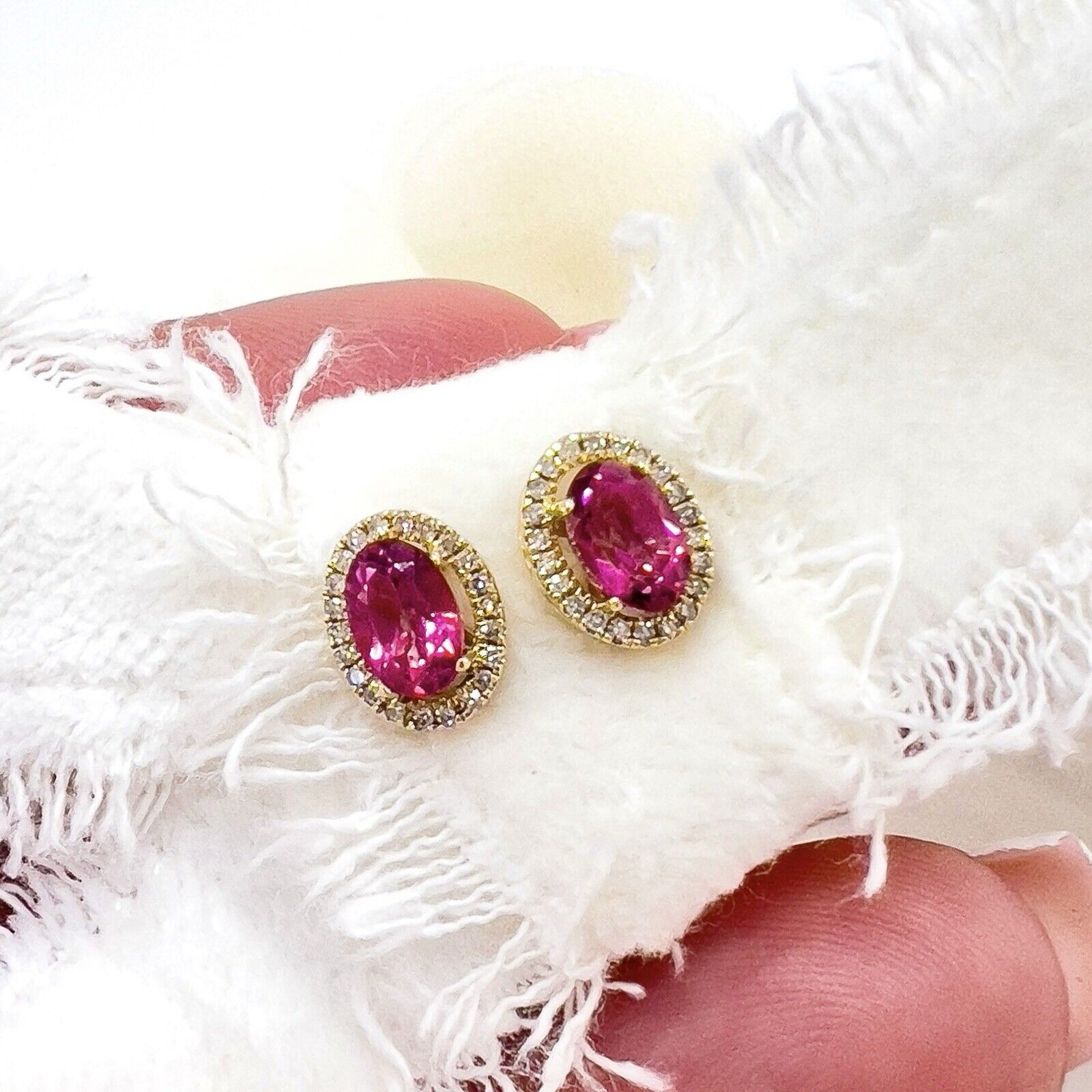 10k Yellow Gold Genuine Pink Topaz & Diamond Halo Stud Earrings, New