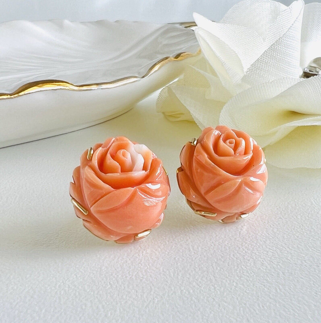 Vintage No-Dye Japanese Carved Coral Rose (14Ct) and 14K Gold Stud Earrings, New