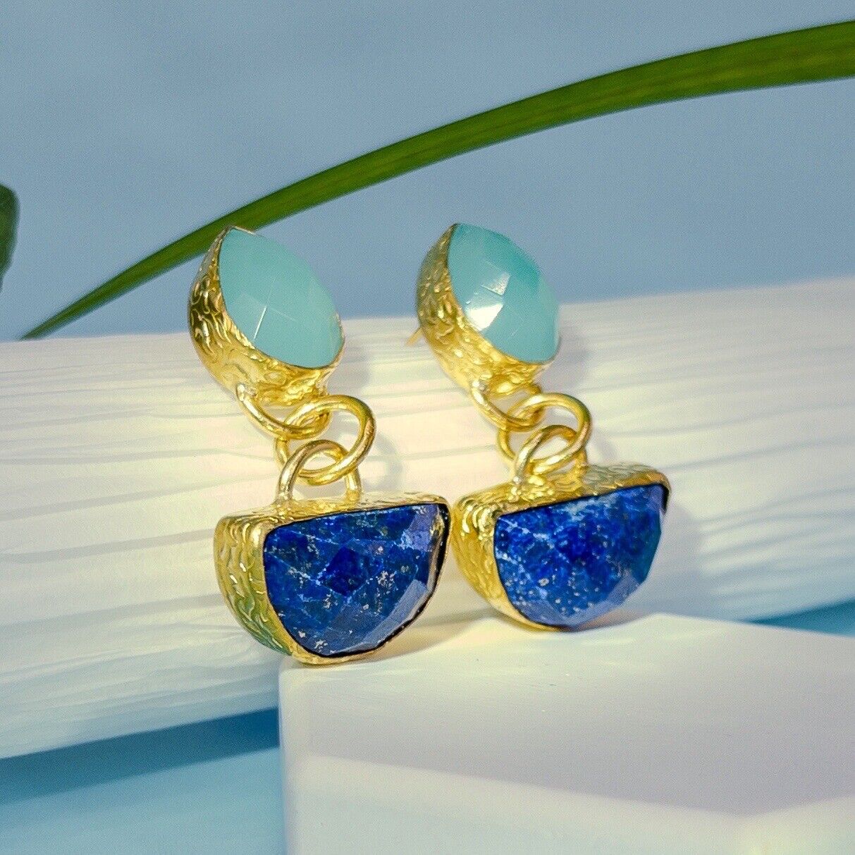 Etruscan Revival Genuine Green Chalcedony & Lapis Lazuli GP Dangle/Drop Earrings