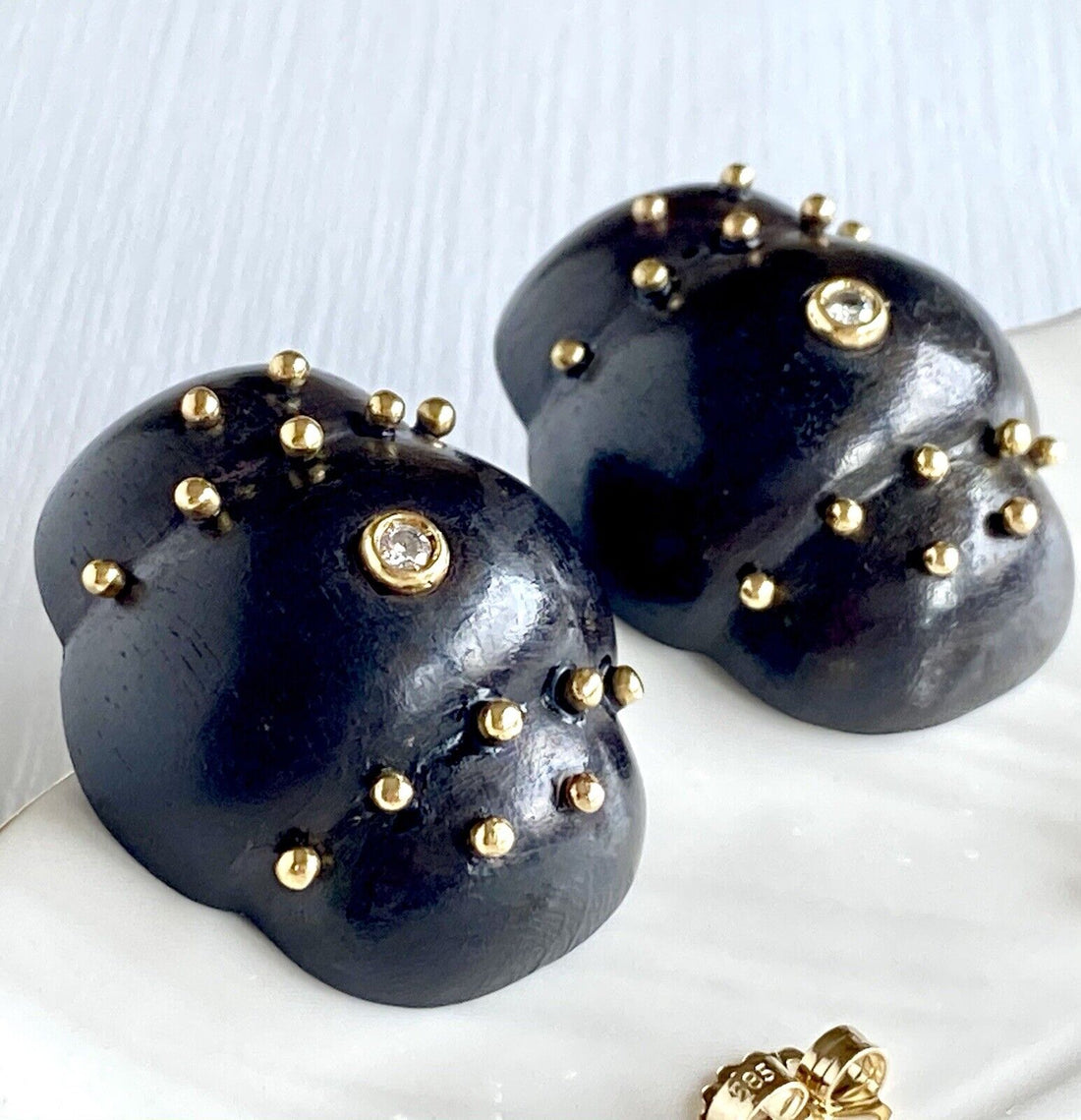 Unique 18K Yellow Gold Ebony and Diamond Stud Earrings