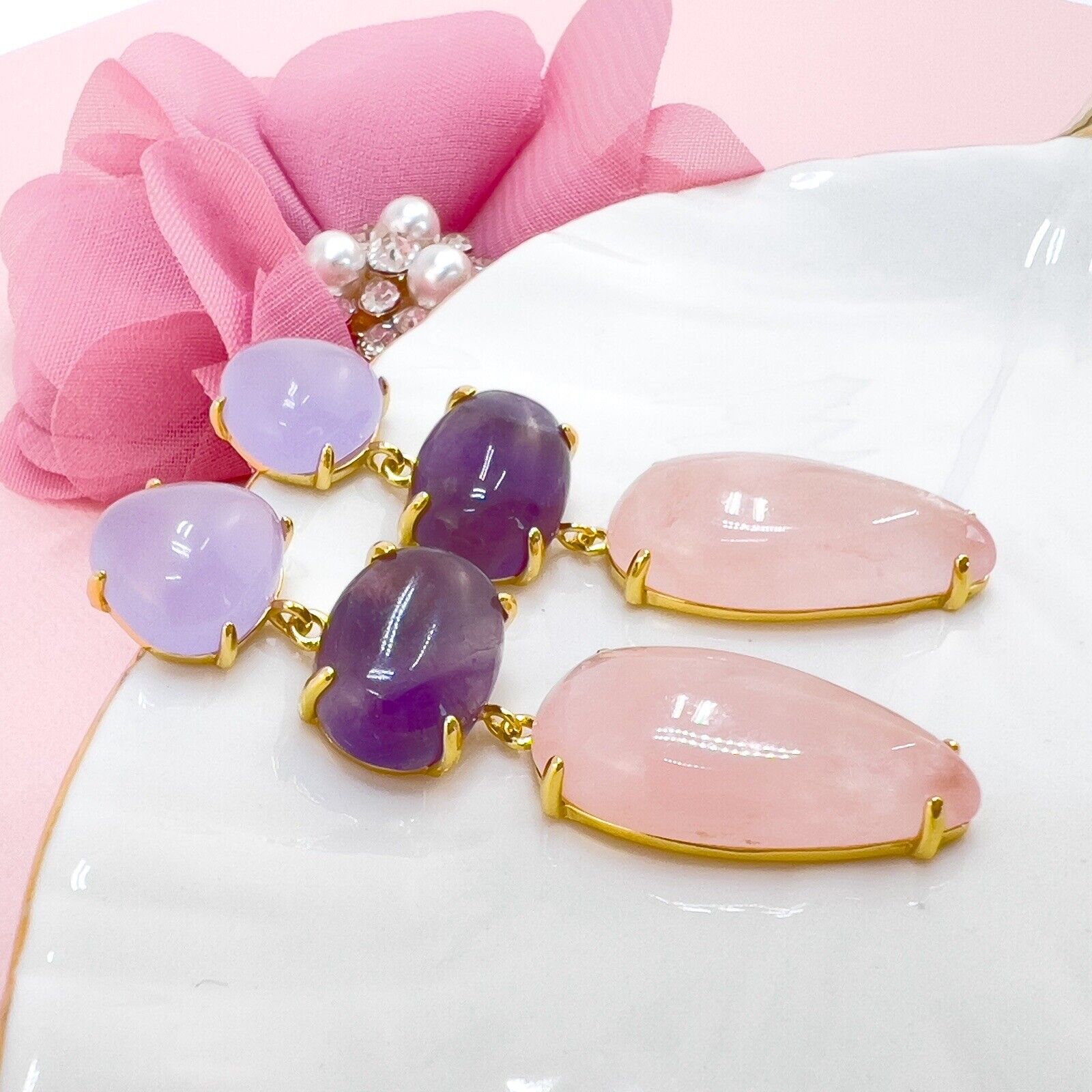 Genuine Rose-Quartz Amethyst Chalcedony Sterling Silver Vermeil Dangle Earrings