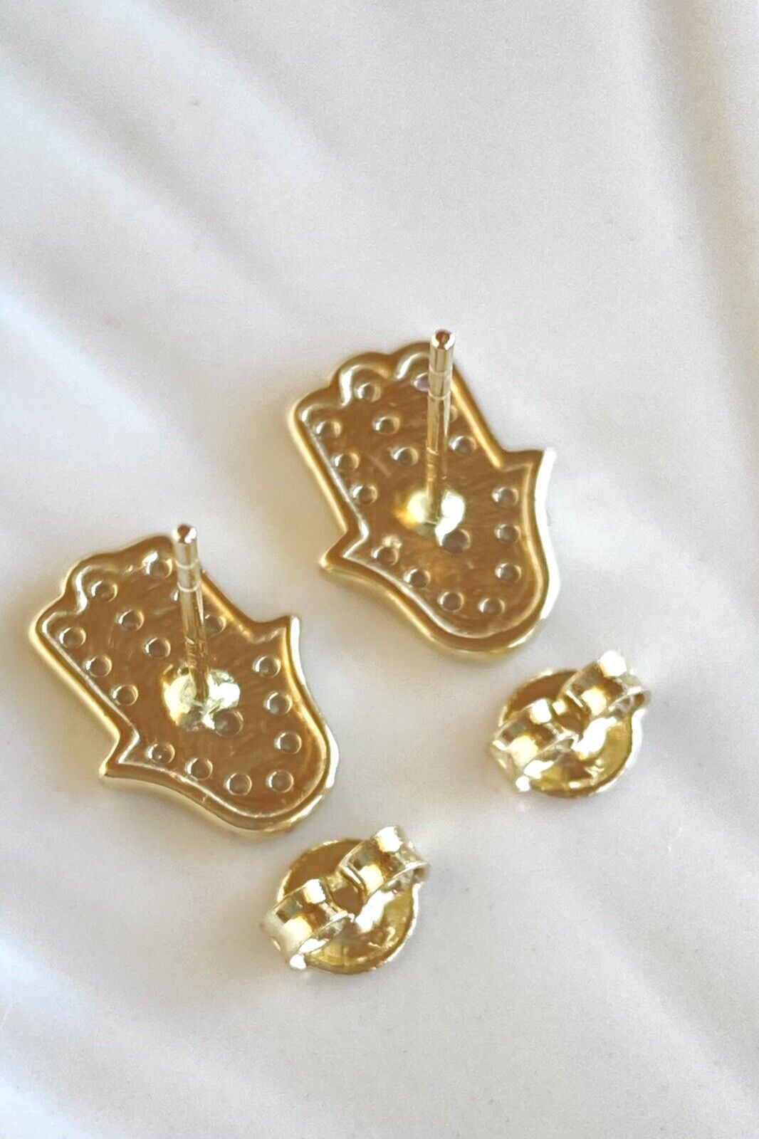 Solid 14K Yellow Gold & Cubic Zirconia Hamsa Hand Stud Earrings, New
