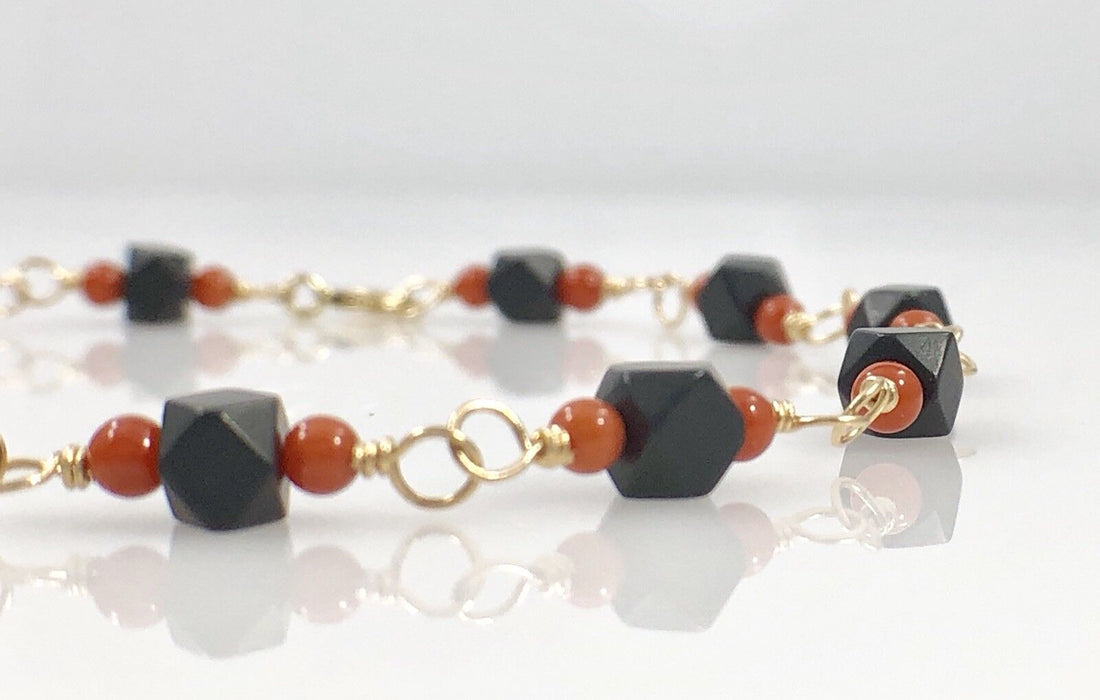 Genuine Azabache & Coral Solid 14K Gold Bracelet, 7.25" Oro 14k Pulsera