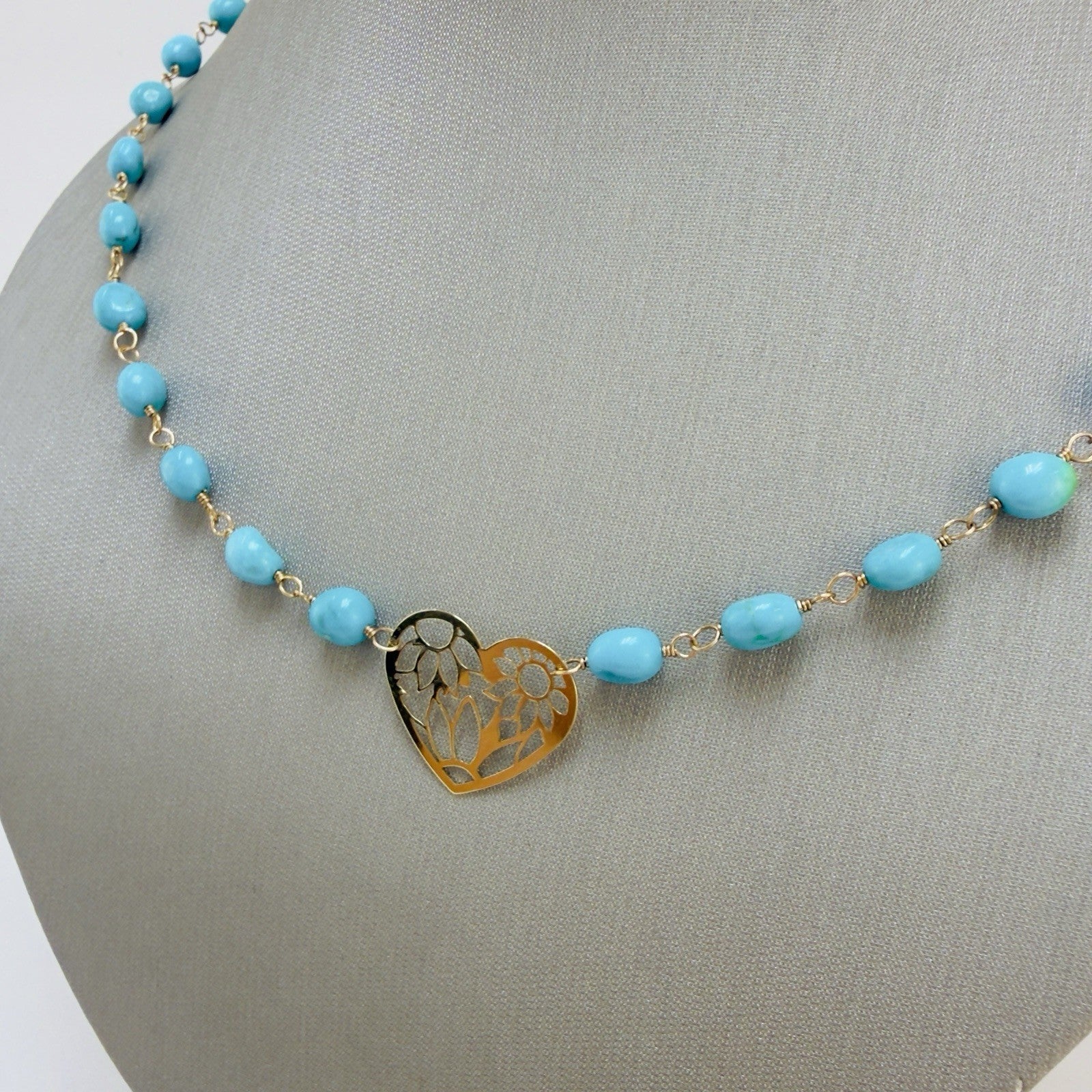 14k Sleeping Beauty Turquoise with Pierce-Work Heart Pendant Necklace, 18.25"