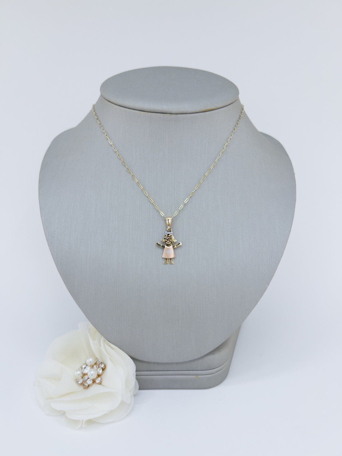 14k Gold Girl in Sundress Charm Pendant, New 1.12"