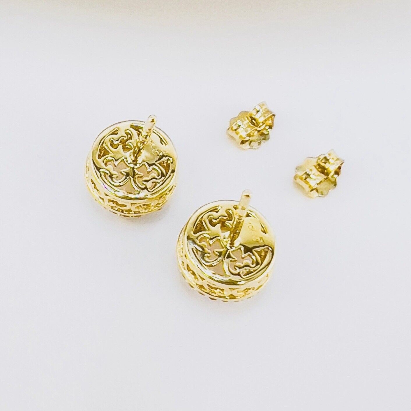 Solid 10k Yellow Gold Lab-Created Opals & Genuine Diamond Stud Earrings, New