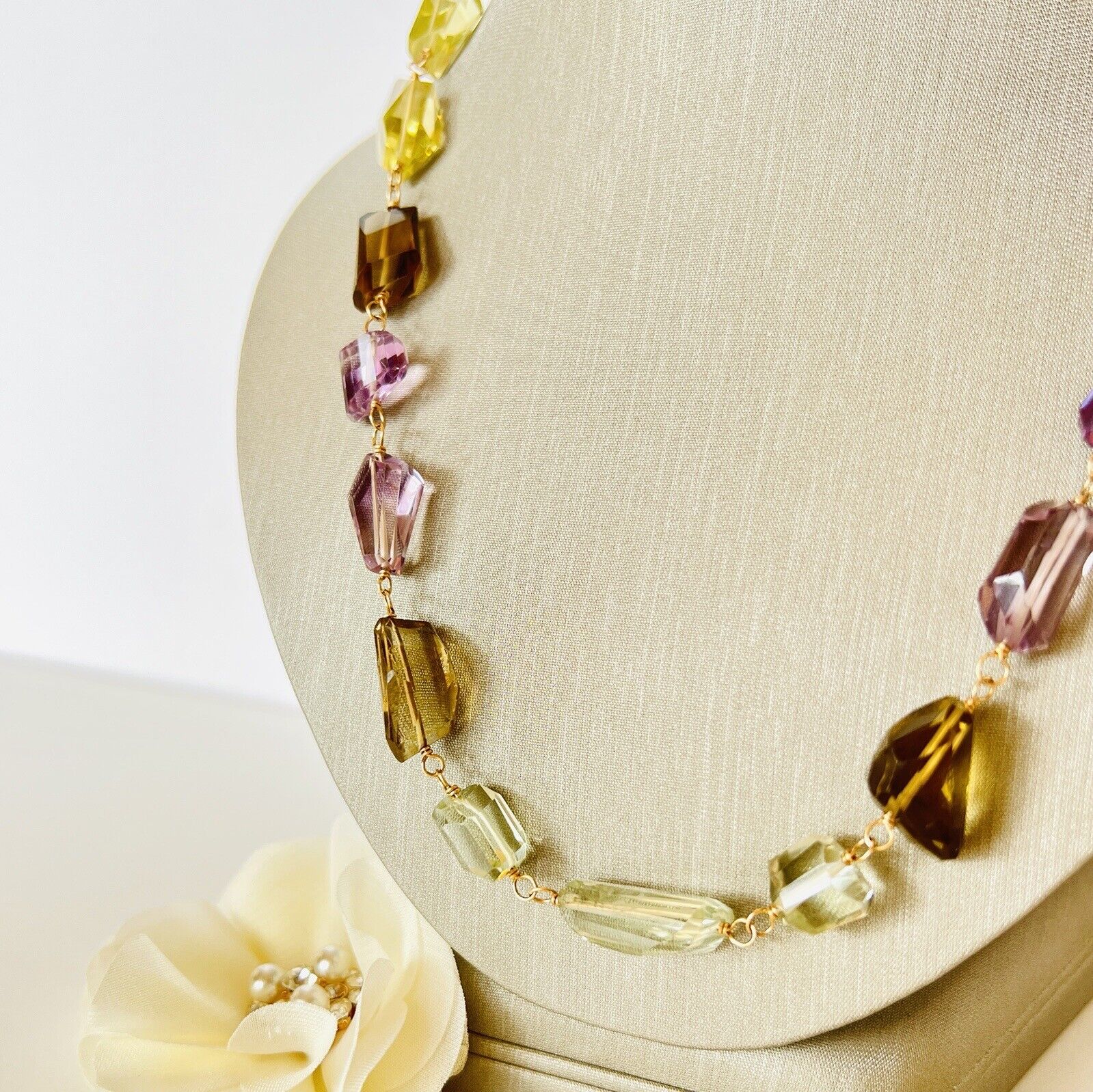 Solid 14k Yellow Gold Multi-Color Quartz Nugget Station Necklace 20" New