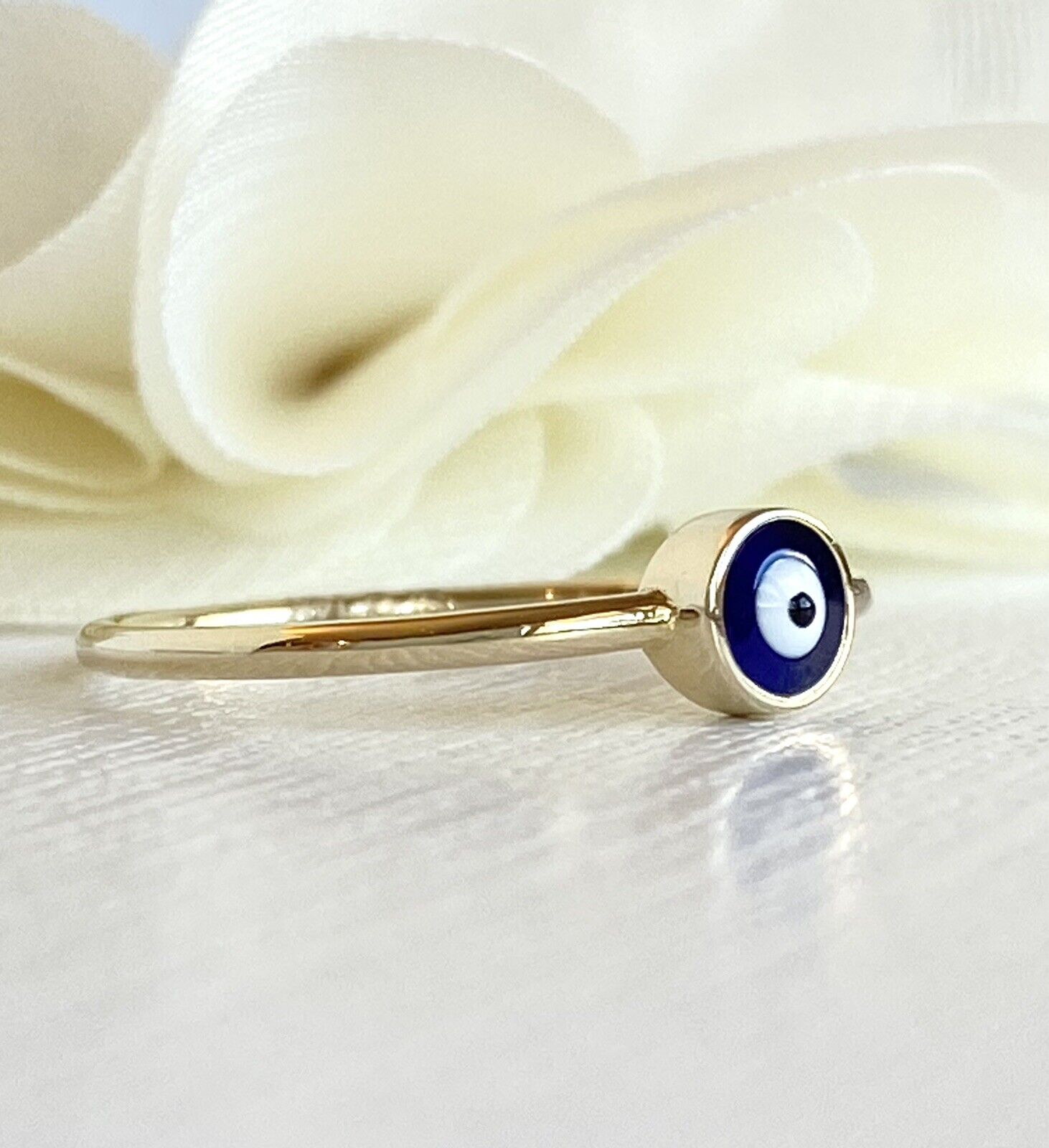 Solid 14k Yellow Gold Lucky Blue Eye Ring, New, Size 6.75