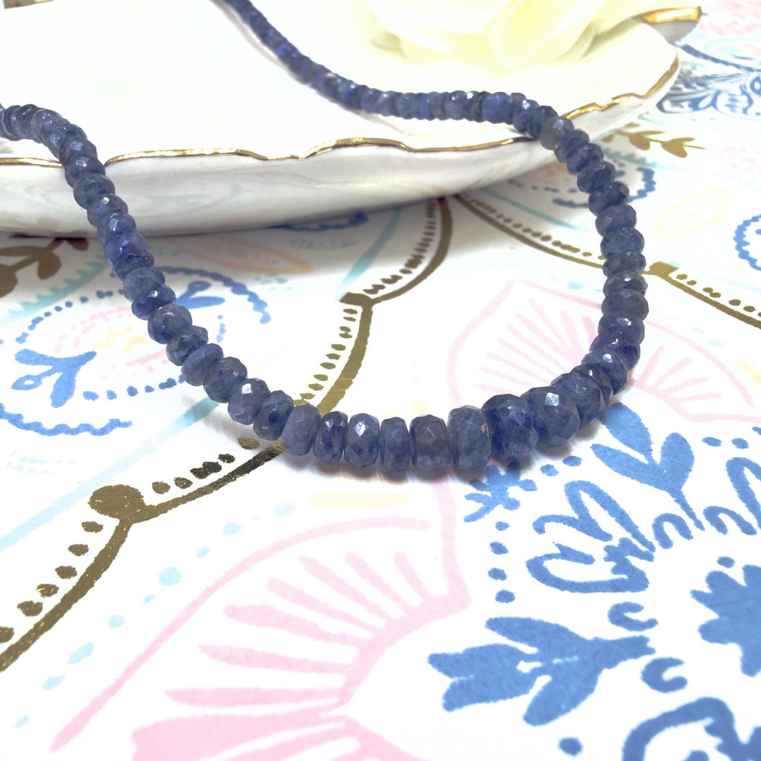 Genuine Sapphire (59ct) Solid 14k Yellow Gold Beaded Necklace, New 16"